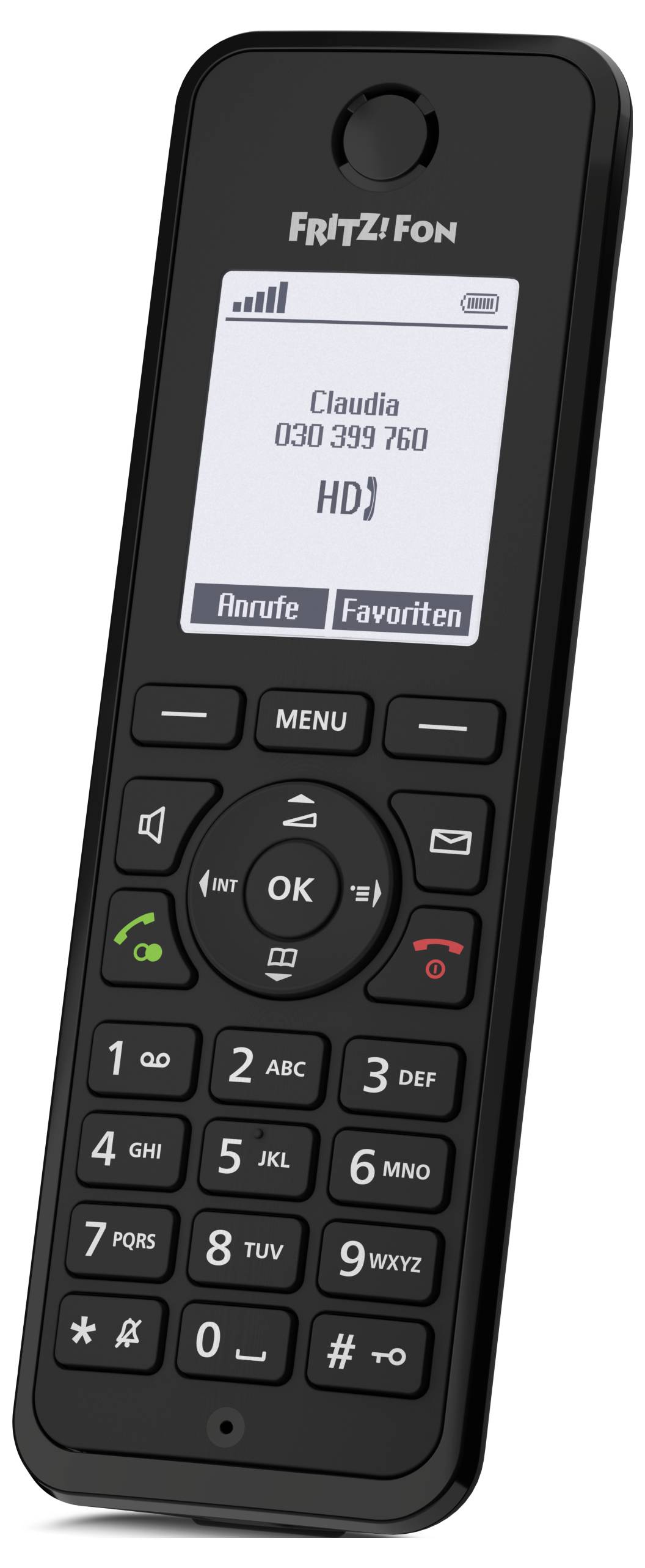 Ein schwarzes schnurloses Telefon, das auf dem Display 'Claudia 030 399 760' anzeigt, mit verschiedenen Tasten für Menü, Anrufe und Navigation.