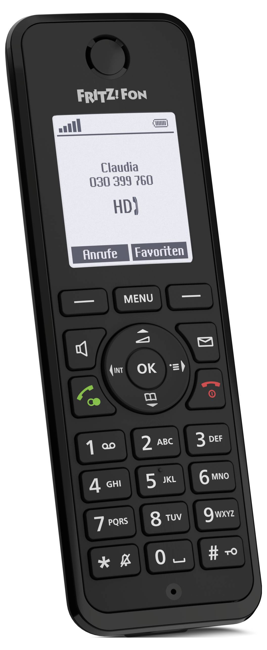 Ein drahtloses Handy mit einem Display, das die Anrufer-ID von Claudia und die Nummer 030 399 760 zeigt, mit verschiedenen Funktionstasten.