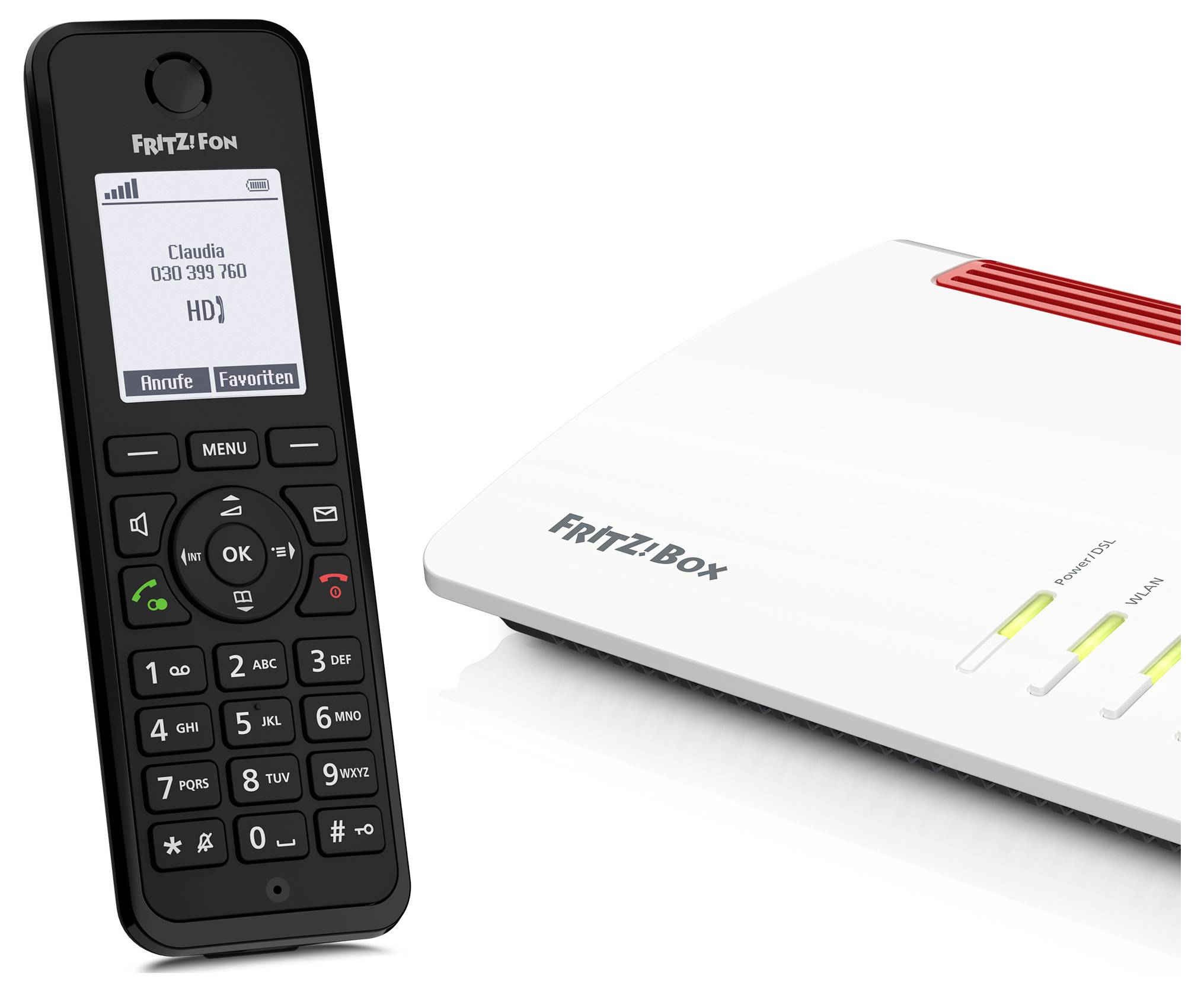 Ein schwarzes schnurloses Telefon mit Display, neben einem weißen WLAN-Router. Das Telefon zeigt einen Anrufbildschirm mit Optionen.