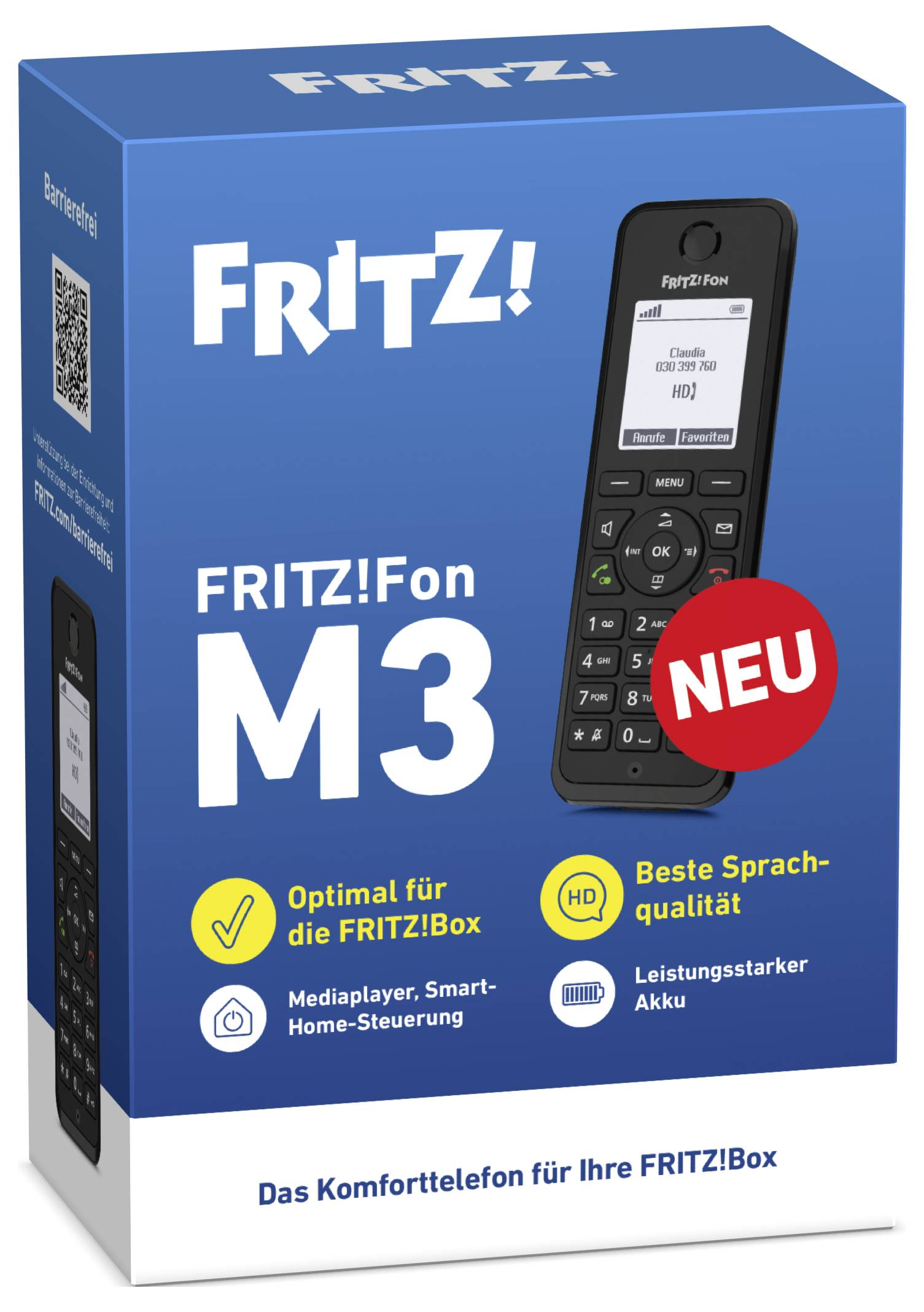 'FRITZ!Fon M3' Schnurlostelefon-Verpackung mit einem Bild des Telefons, bei dem Funktionen hervorgehoben sind: optimal für FRITZ!Box, hochwertige Klangqualität, leistungsstarke Batterie.