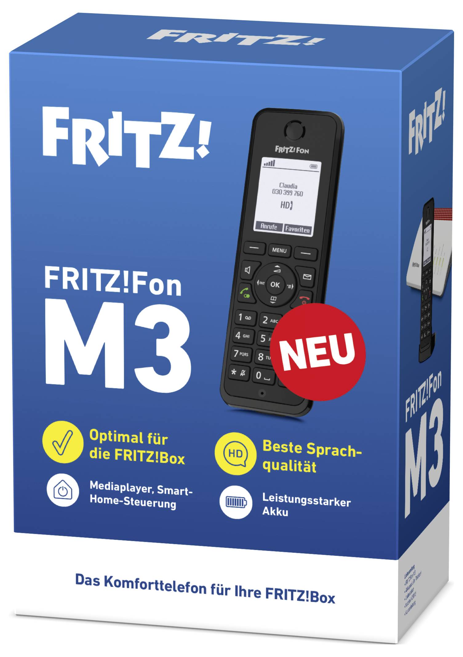 Das Bild zeigt die Verpackung des 'FRITZ!Fon M3', eines Telefons, das für FRITZ!Box entwickelt wurde. Hervorgehoben werden Mediaplayer-Funktionen und hervorragende Klangqualität.