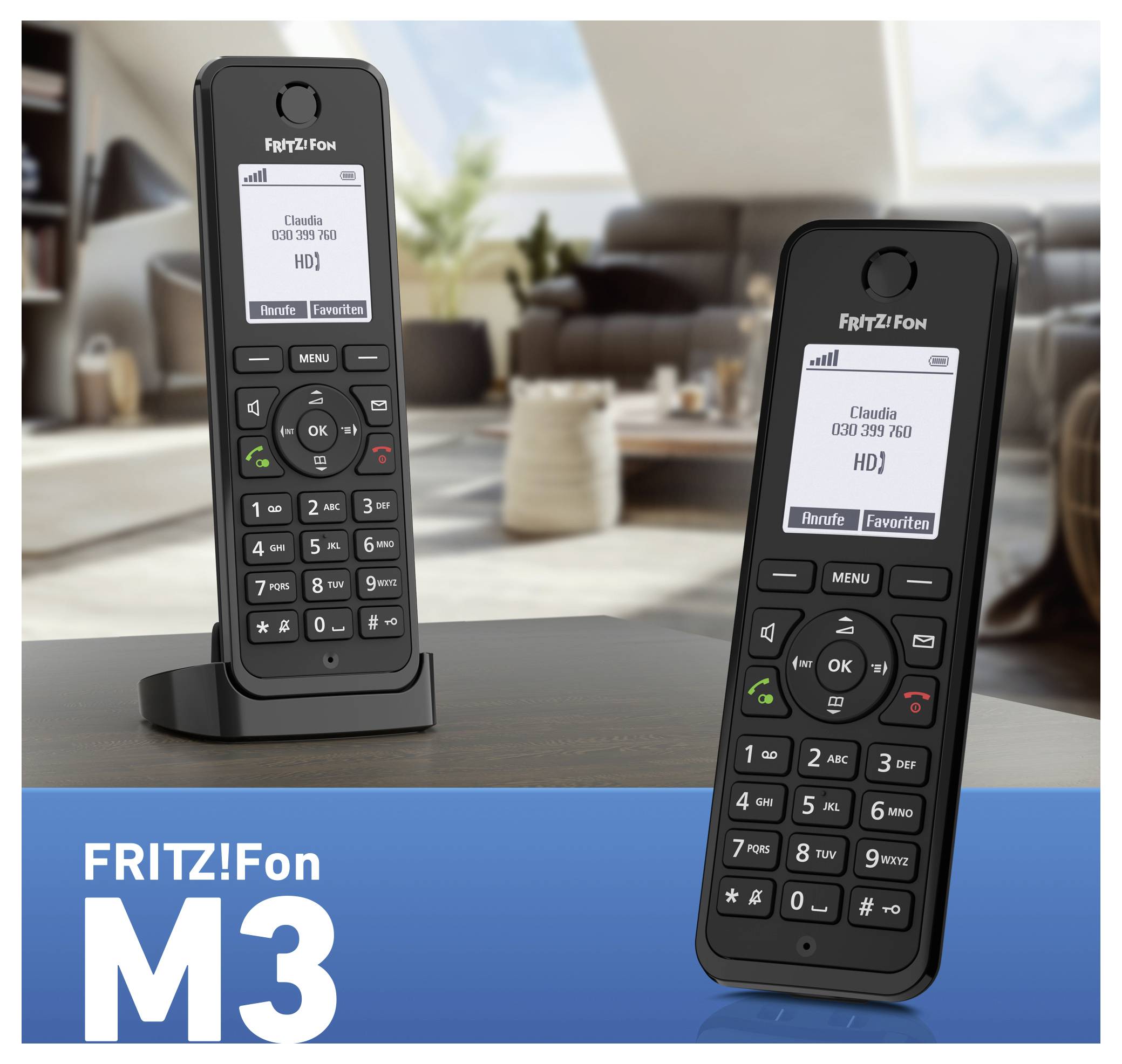 Zwei schnurlose Telefone, mit 'FRITZ!Fon M3' gekennzeichnet, sind zu sehen. Ein Telefon steht aufrecht auf einer Ladestation; das andere liegt flach. Die Anzeige zeigt 'Claudia'.
