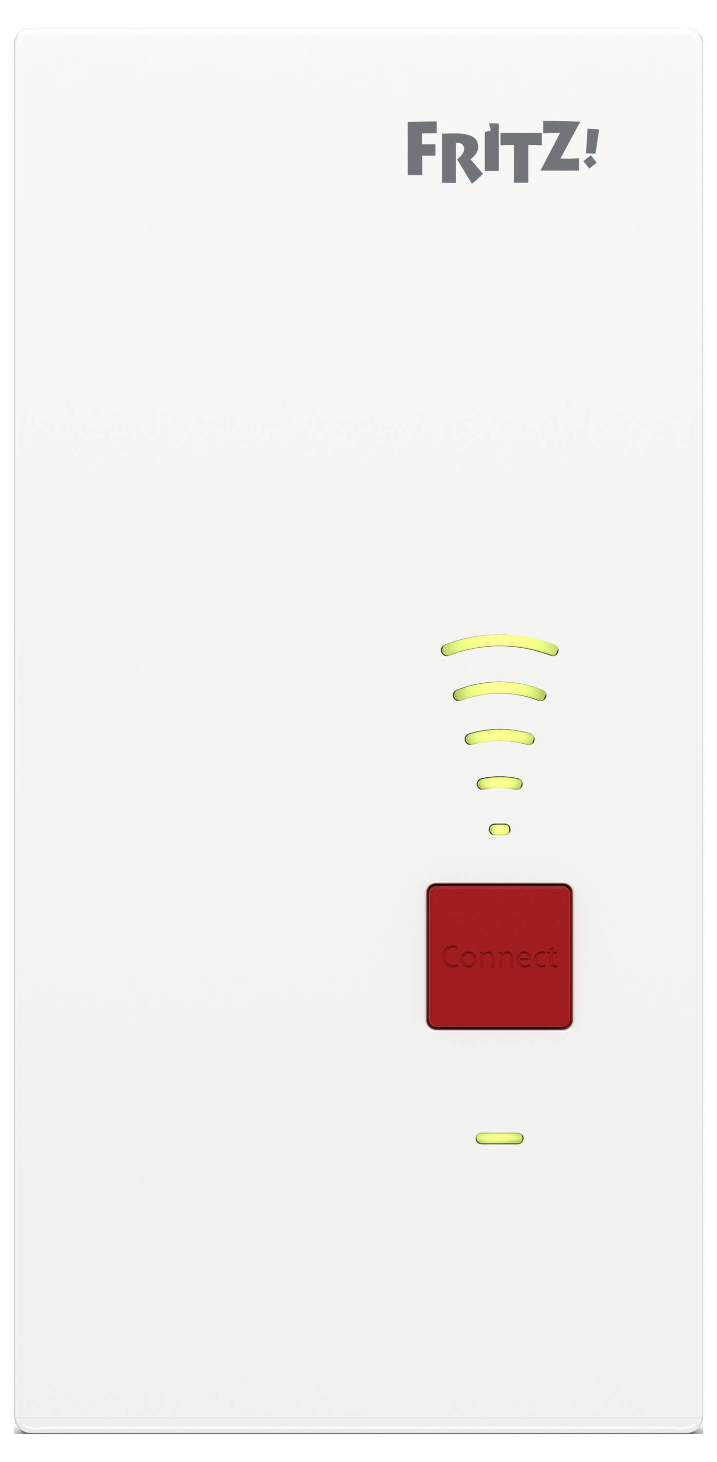 'FRITZ!' WLAN-Repeater mit roter Taste, die mit 'Verbinden' beschriftet ist, und grünen Signalstärkeanzeigen.