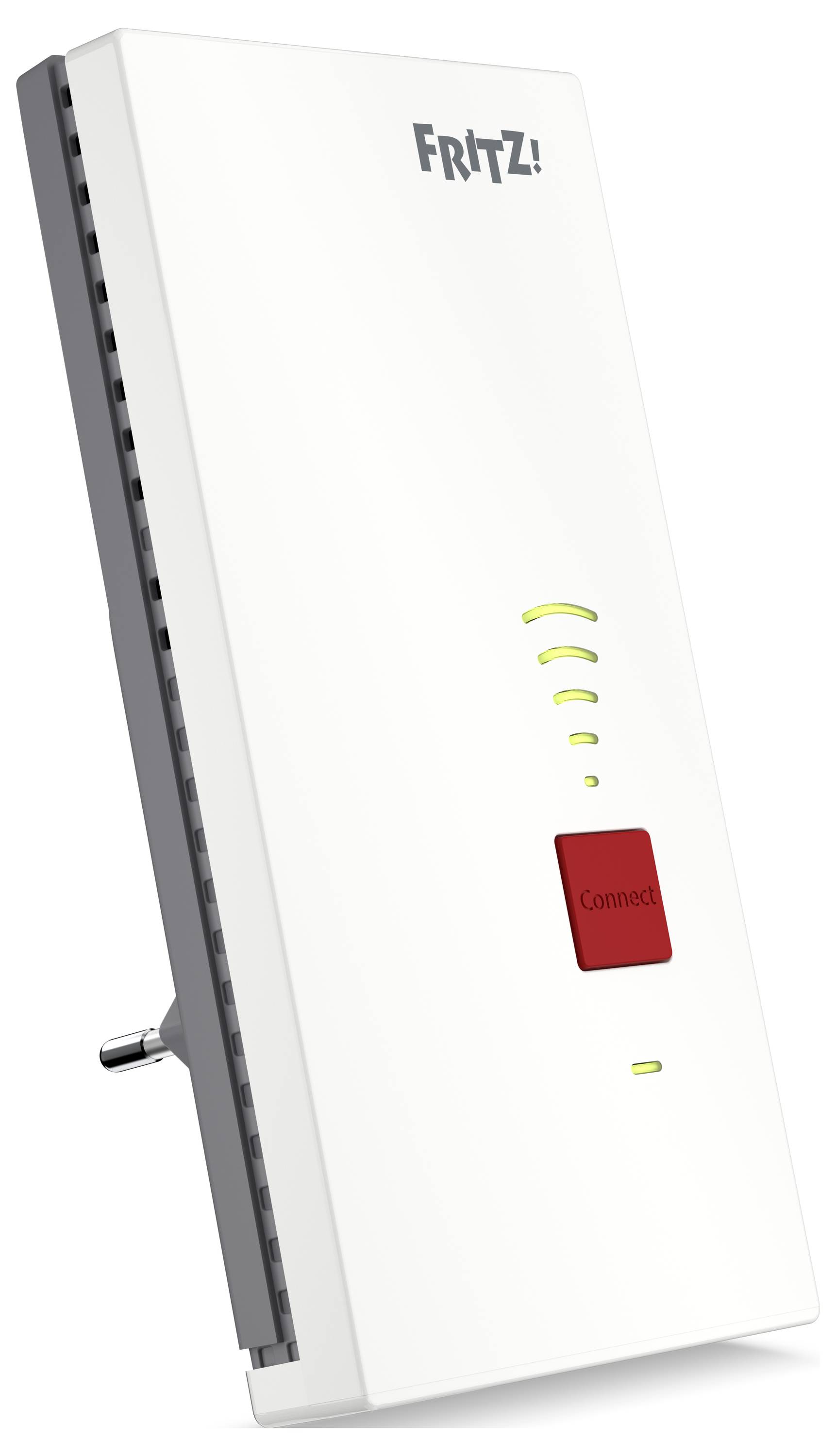 Ein vertikaler weißer WLAN-Repeater mit einem roten Knopf mit der Aufschrift ‚Verbinden' und Signalstärkeanzeigen.