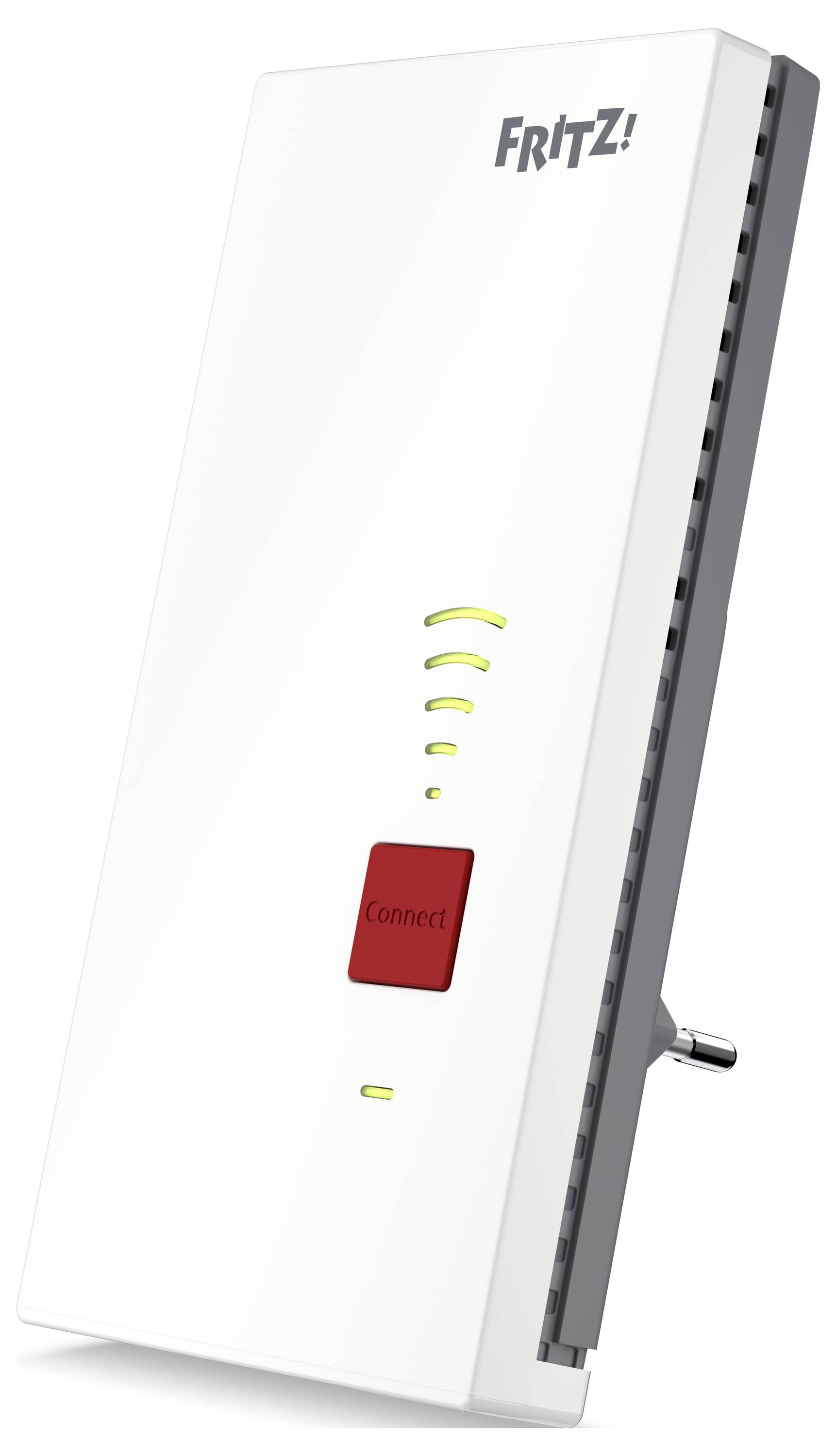 Ein weißer WLAN-Repeater mit 'VERBINDEN'-Taste und Signalstärkeanzeigen auf der Vorderseite.