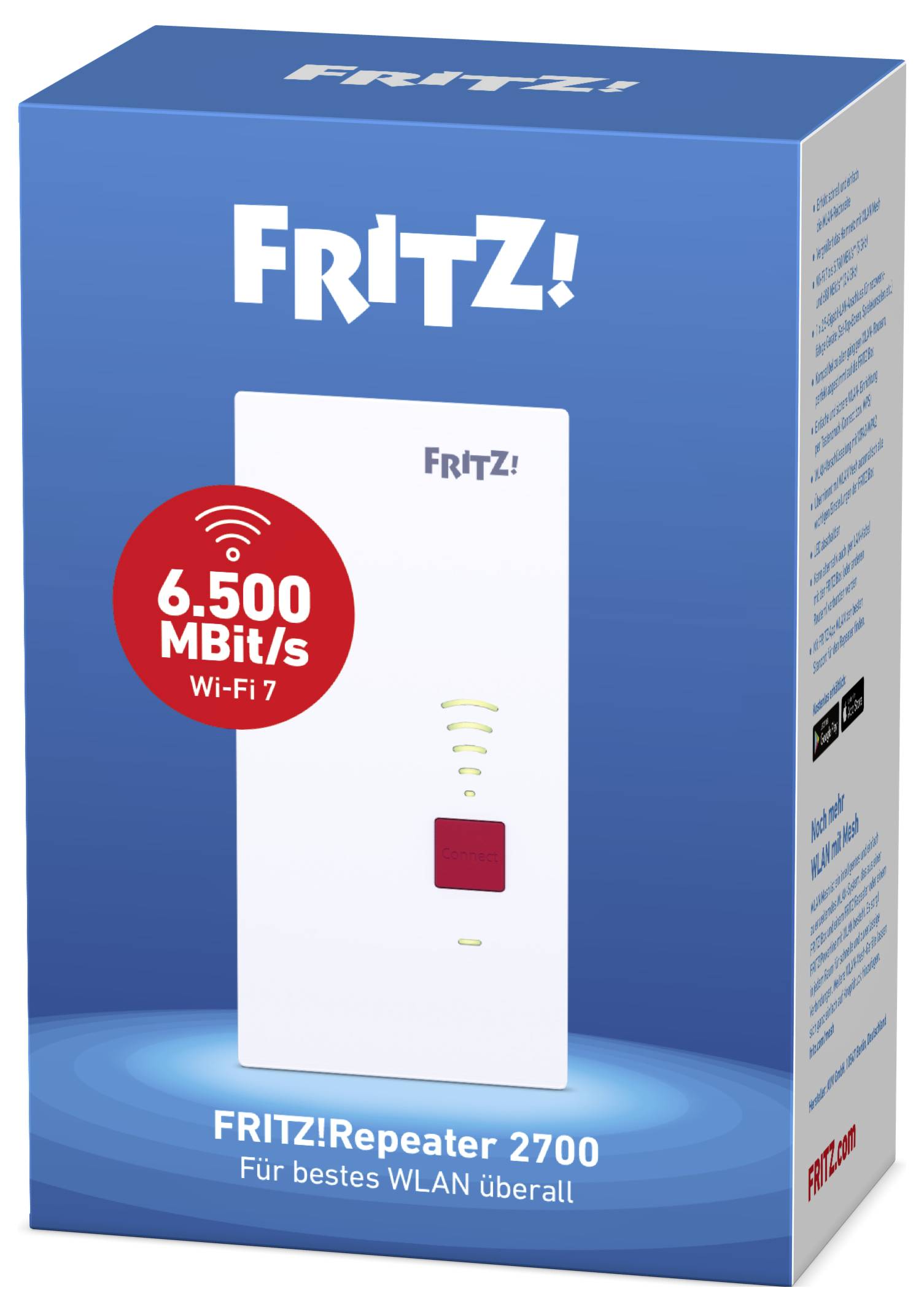 Eine Box für den 'FRITZ!Repeater 2700', die mit 6.500 MBit/s WLAN 7 Geschwindigkeit wirbt, mit einem Bild des Repeaters und deutschen Textbeschreibungen.