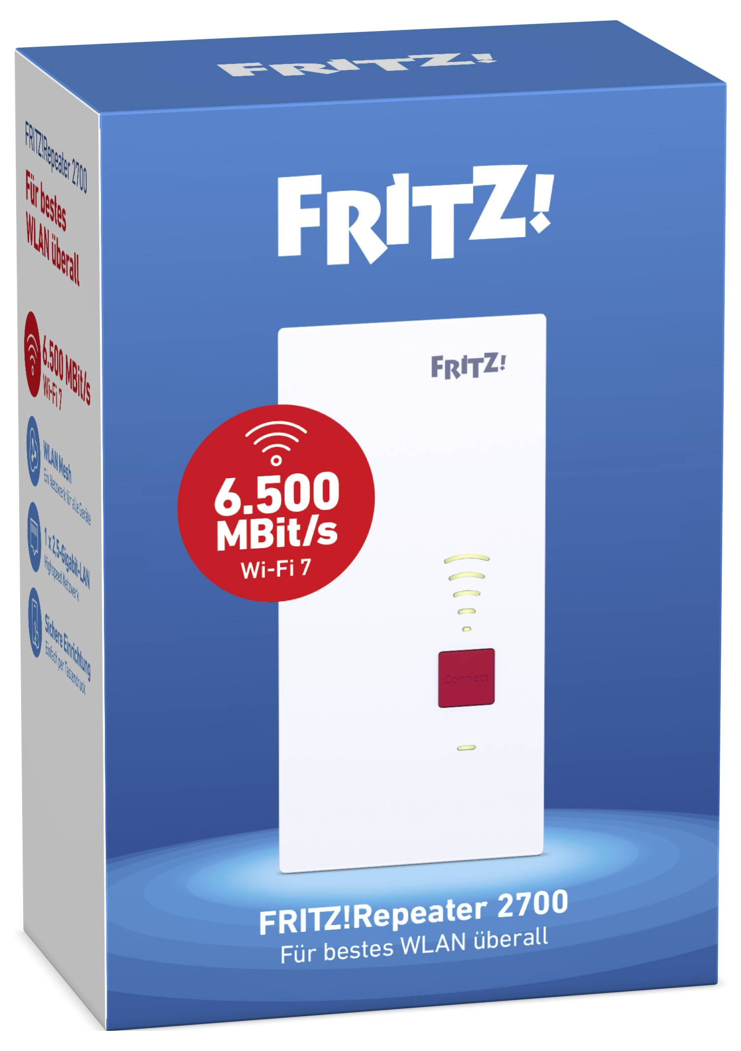 Die Abbildung zeigt die Verpackung des FRITZ!Repeater 2700 und hebt dessen WLAN-7-Fähigkeit sowie eine Geschwindigkeit von 6.500 MBit/s für eine umfassende WLAN-Abdeckung hervor.