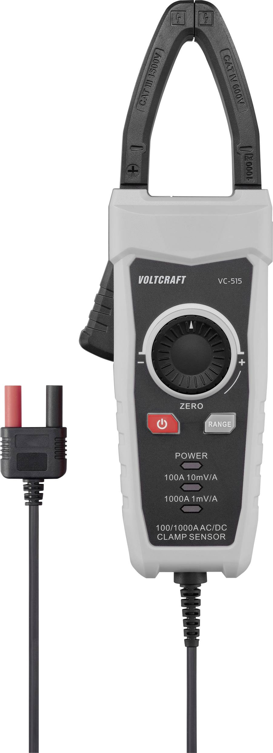 Elektronisches Gerät namens 'Voltcraft VC-539' mit Zangenaufnehmer und Drehschalter-Einstellungen zur Messung elektrischer Ströme.