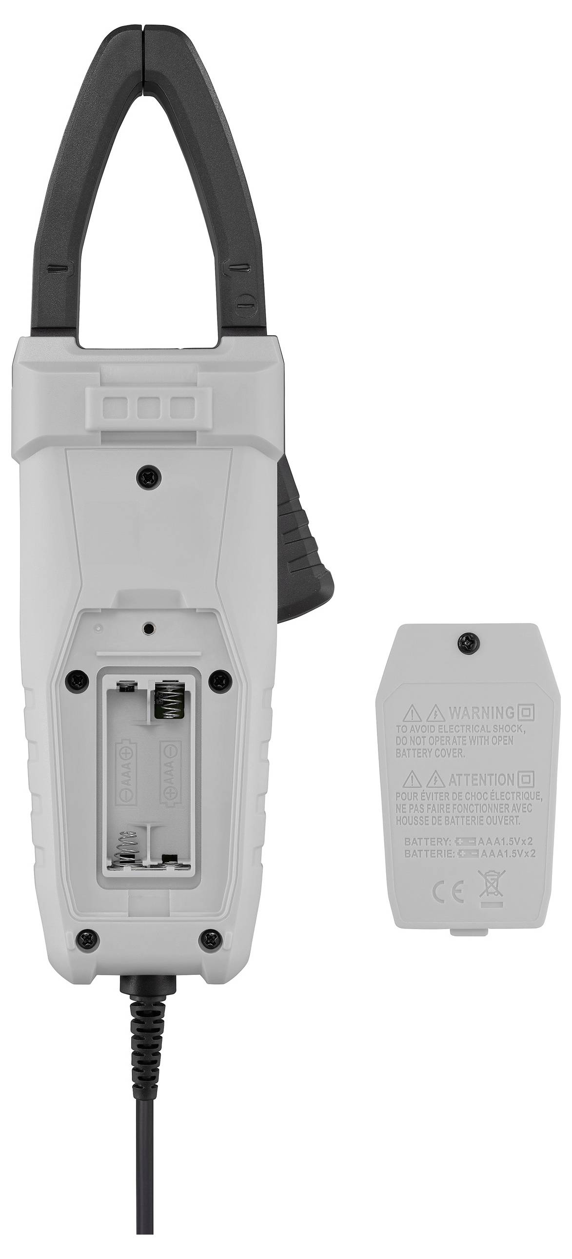 Elektrischer Klemmmessgerät mit schwarzen Greifbacken, offenes Batteriefach mit sichtbaren Batteriefedern; Deckelseite zeigt Sicherheitshinweise und Symbole.