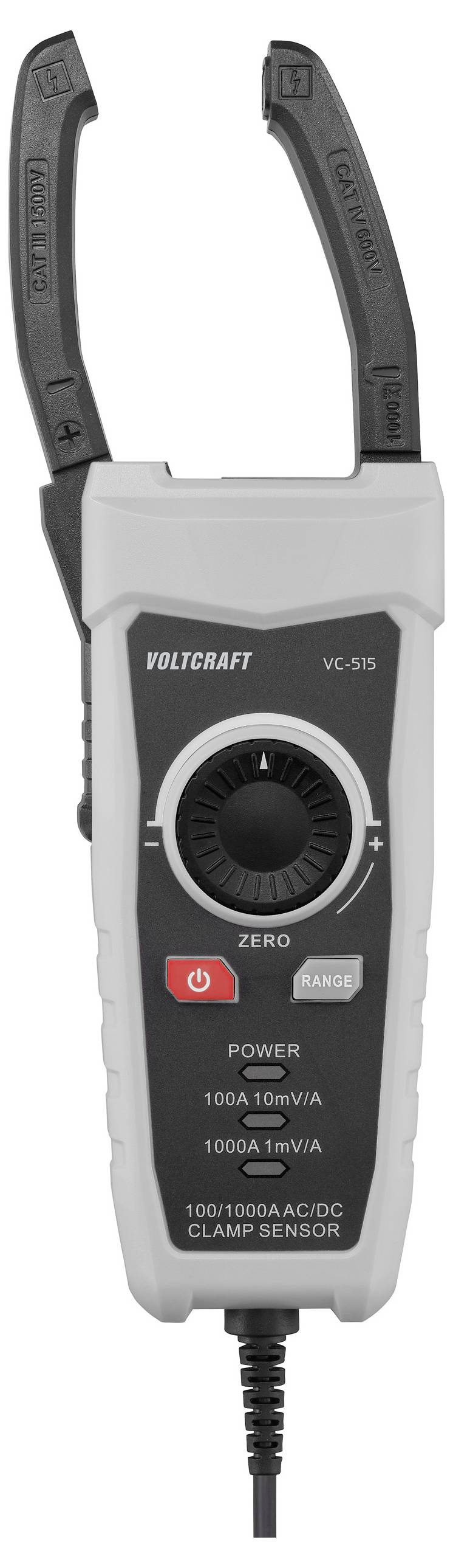 Digitales Zangenamperemeter 'VOLTCRAFT VC-510' mit Anzeige der Leistung, Modustaste und Messspitzen oben. Wird zum Messen elektrischer Ströme verwendet.