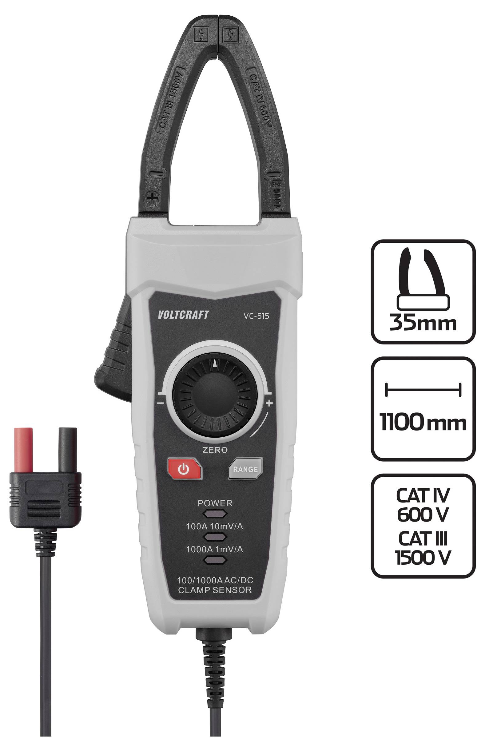 Voltcraft VC-595 Zangenamperemeter mit einer Kiefenöffnung von 35 mm, Leistungsdaten von 100A/600V und 1000A/1500V, geeignet für CAT IV 600V und CAT III 1500V.