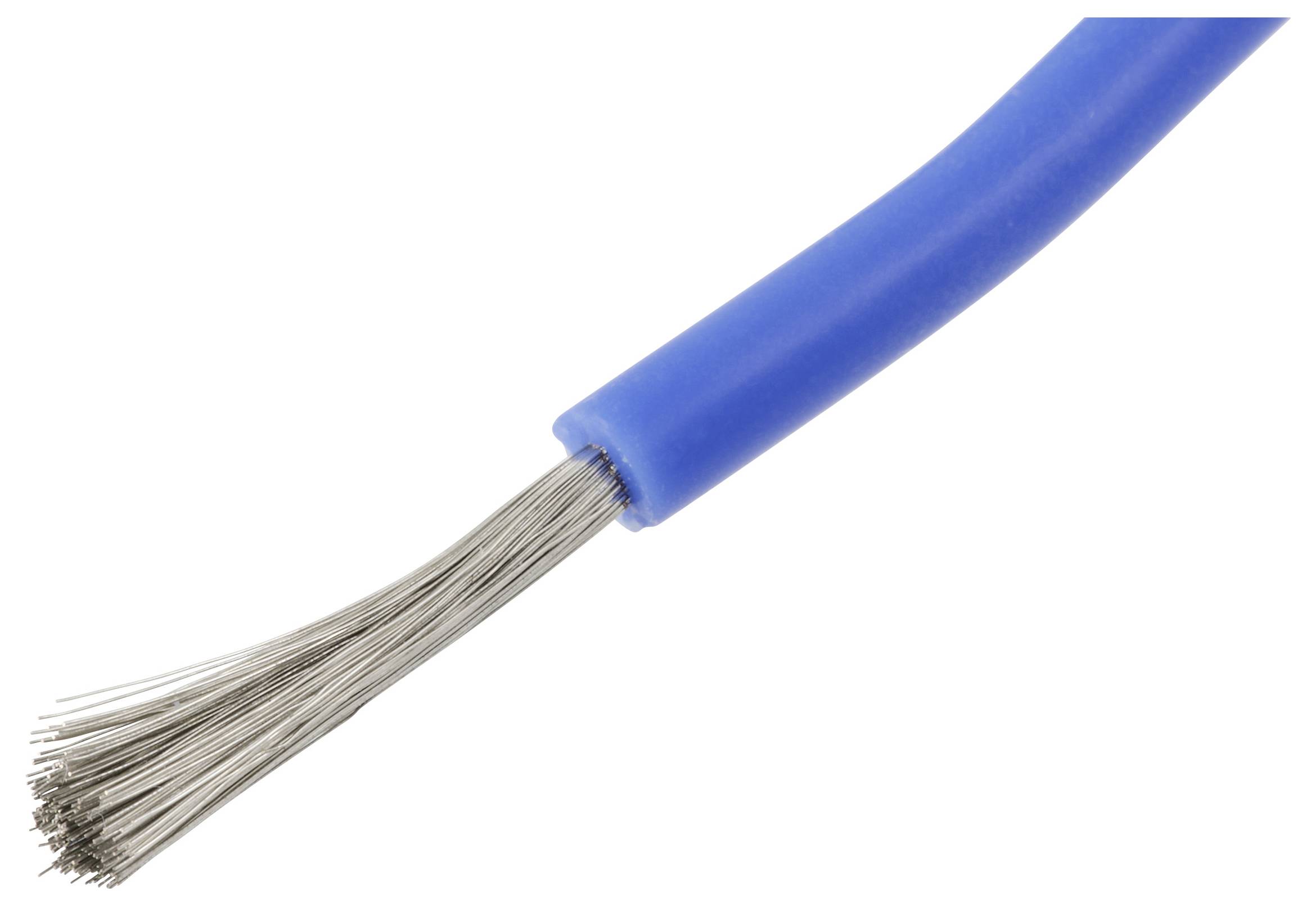 Ein blauer Elektrodraht mit freigelegten silbernen Strängen am Ende, die das innere leitfähige Material offenlegen.