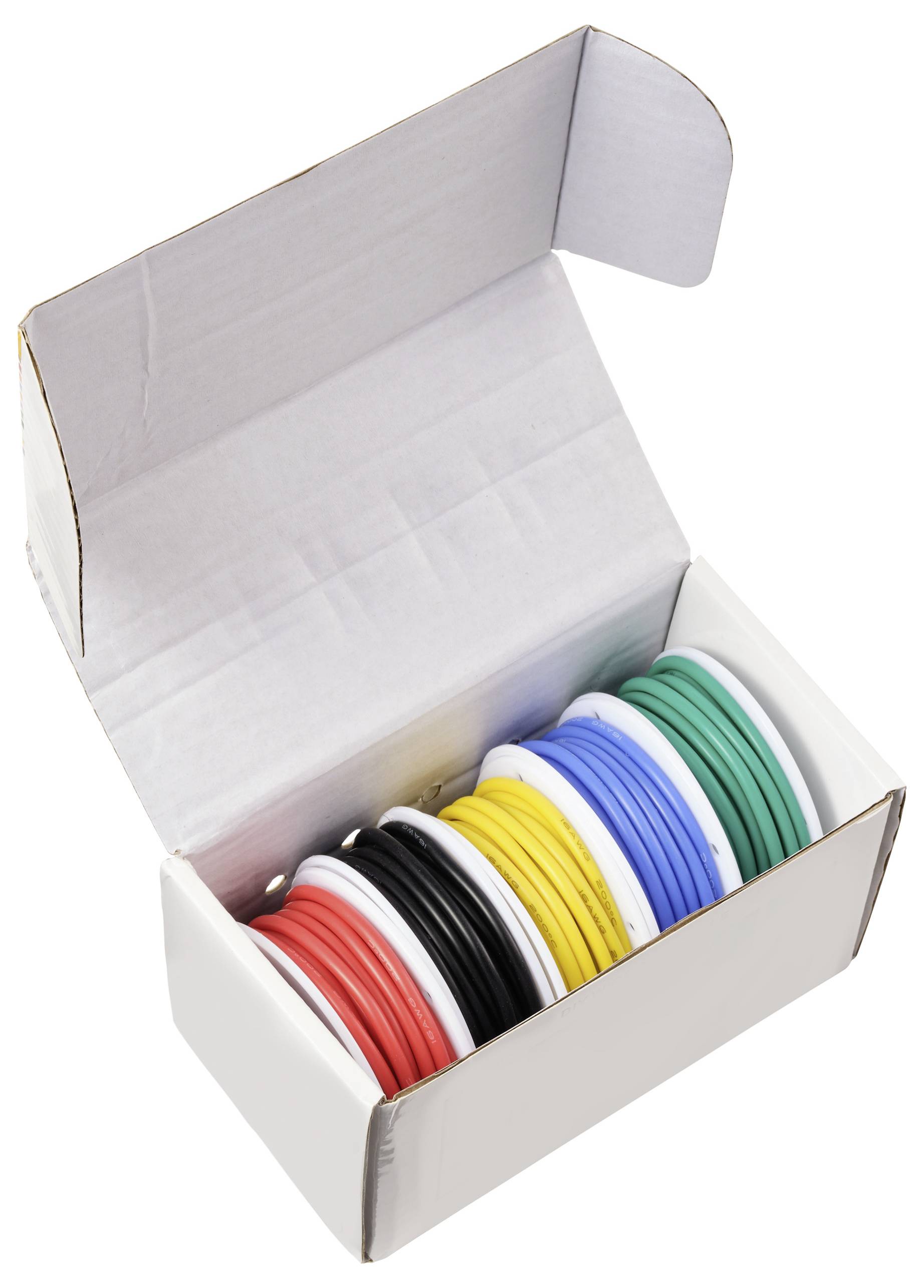 Eine offene Pappschachtel, die Kabelspulen in verschiedenen Farben enthält, darunter Rot, Schwarz, Gelb, Blau und Grün, sorgfältig und übersichtlich darin angeordnet.