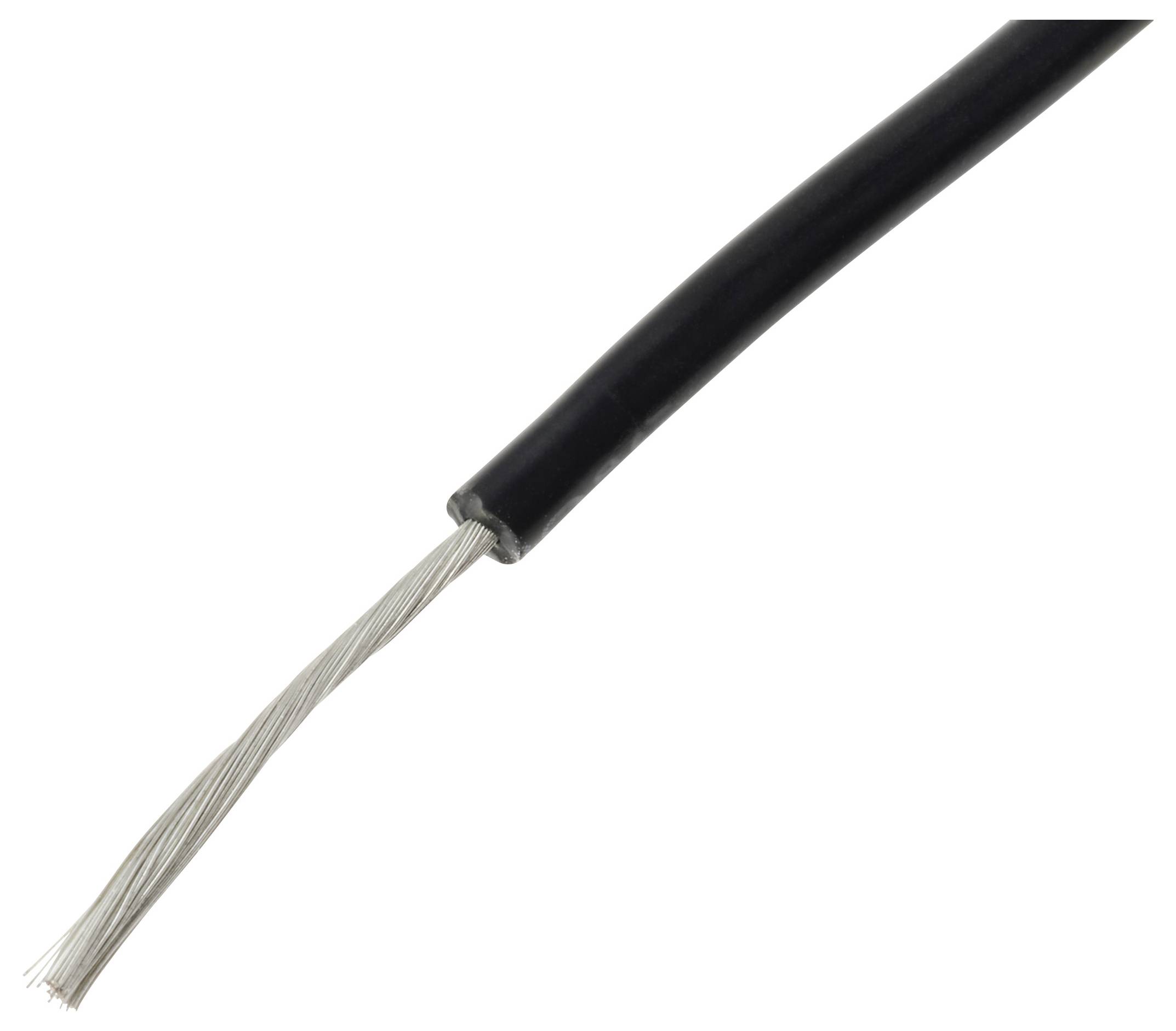 Ein Querschnitt eines schwarzen Elektrokabels, der an einem Ende die freiliegenden silbernen Adern zeigt.
