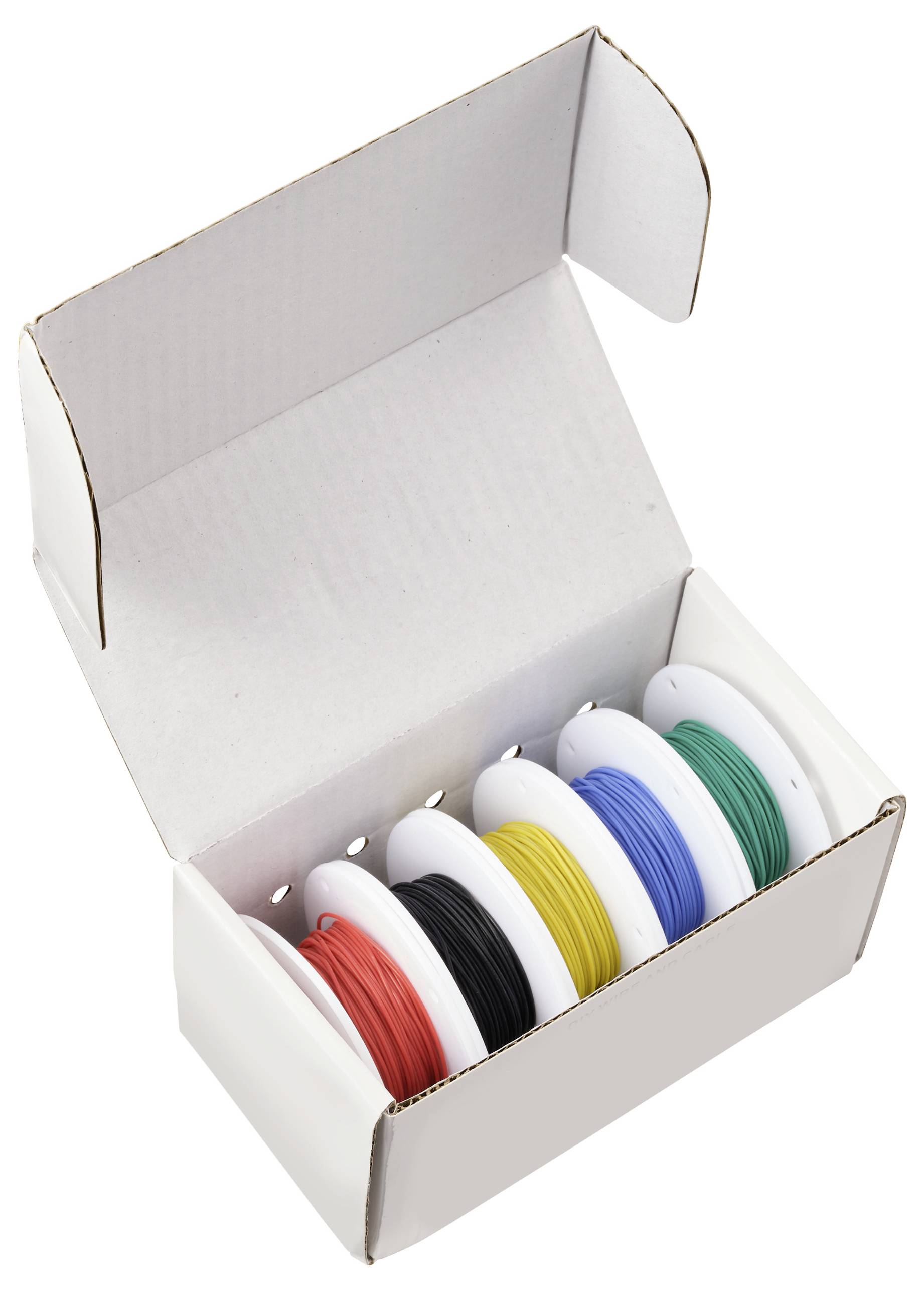 Karton mit fünf Spulen farbiger Kabel, darunter rot, schwarz, gelb, blau und grün, verwendet für elektrische oder DIY-Projekte.