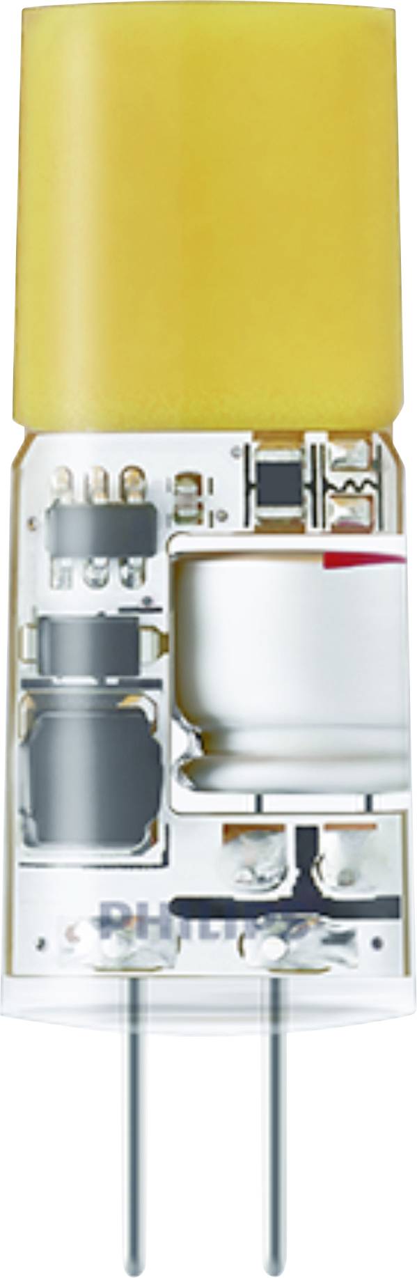 Eine Nahaufnahme einer kleinen gelben LED-Glühbirne mit sichtbaren Innenkomponenten, einschließlich Schaltkreisen und Drähten, vor einem weißen Hintergrund.