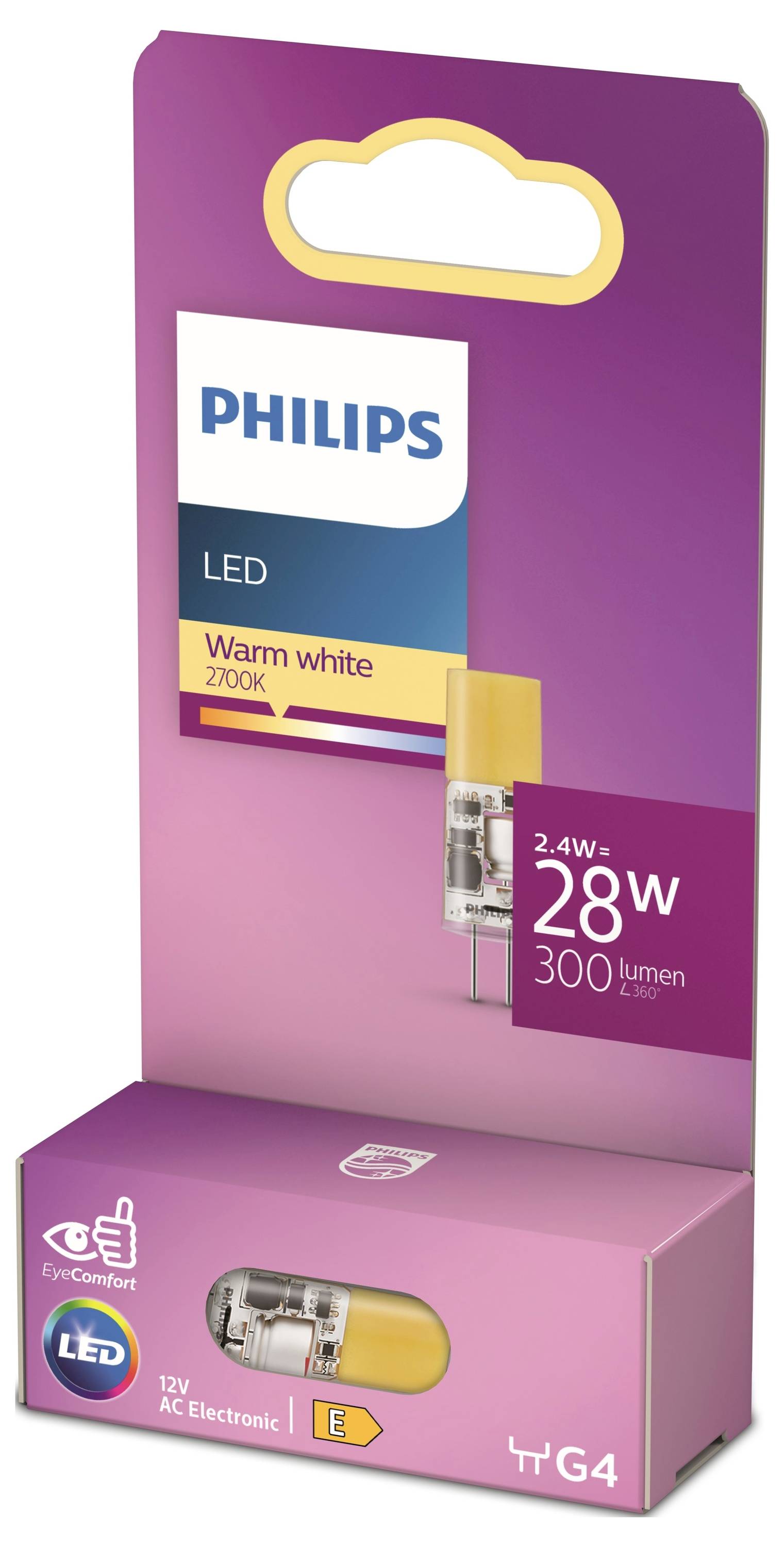 Philips LED-Lampe in warmweiß, 2,4W entspricht 28W, 300 Lumen, 2700K, mit EyeComfort-Technologie, G4-Sockel, 12V AC Elektronik.