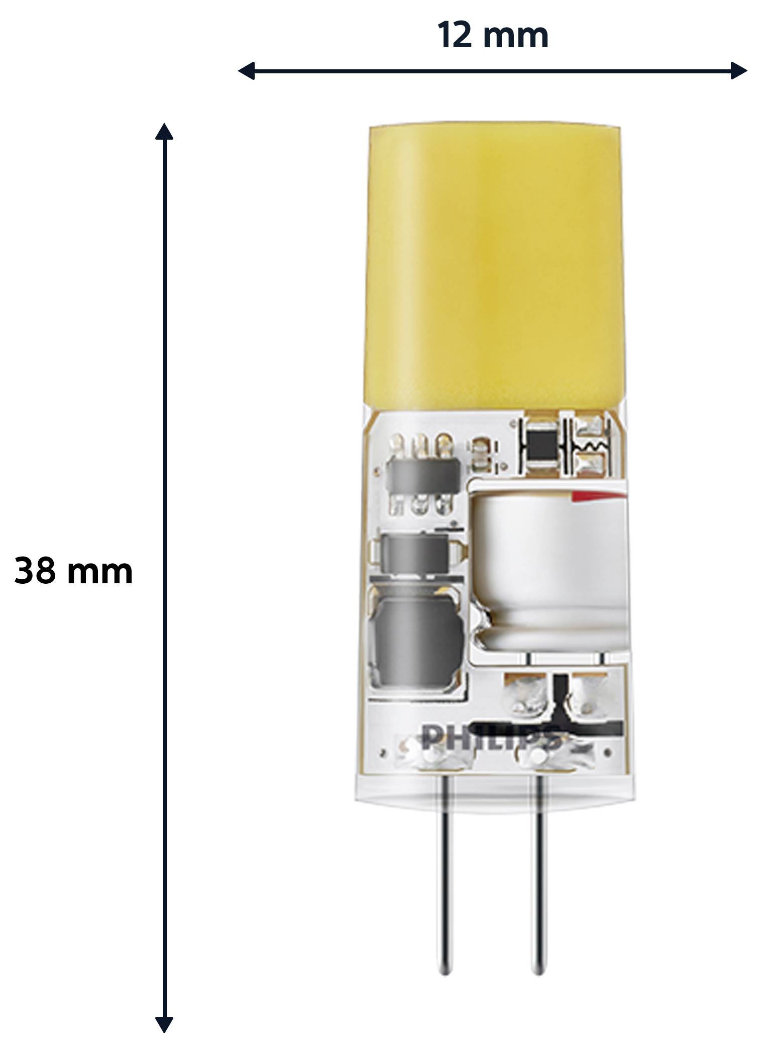 Eine kompakte elektronische Komponente mit Abmessungen: 12 mm breit und 38 mm hoch, mit sichtbarer interner Schaltung und zwei Metallanschlüssen.