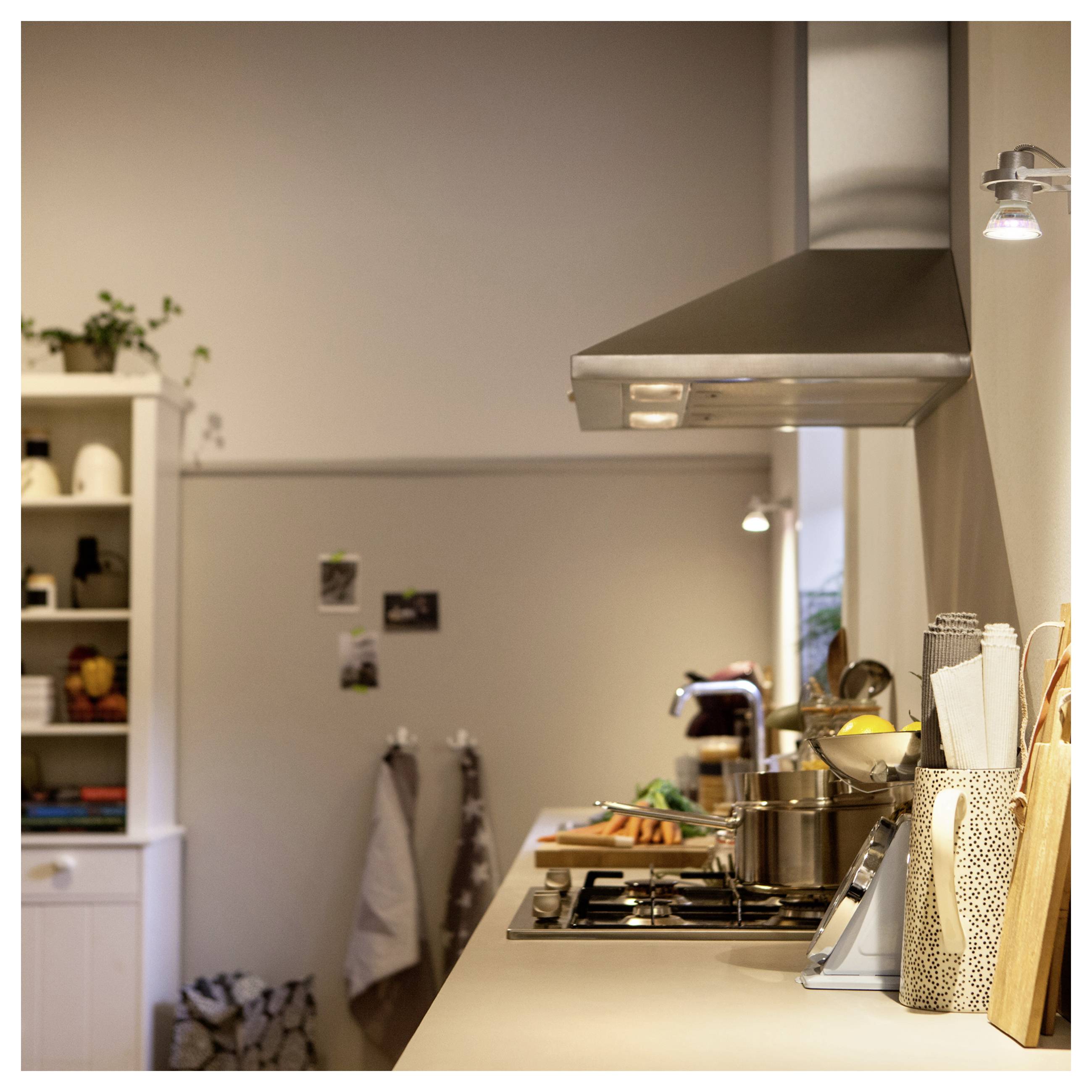 Moderne Küche mit Edelstahl-Dunstabzugshaube, beleuchteter Arbeitsplatte und Kochtöpfen. Regale mit Pflanzen und Büchern im Hintergrund.