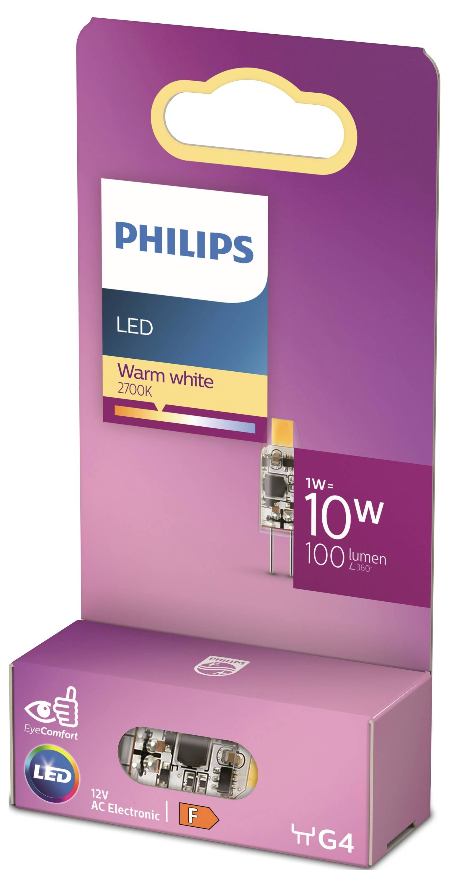 Philips LED-Lampe<br>Warmweiß 2700K<br>1W = 10W 100 Lumen<br>Geeignet für G4-Sockel<br>Logo für Augenschonung