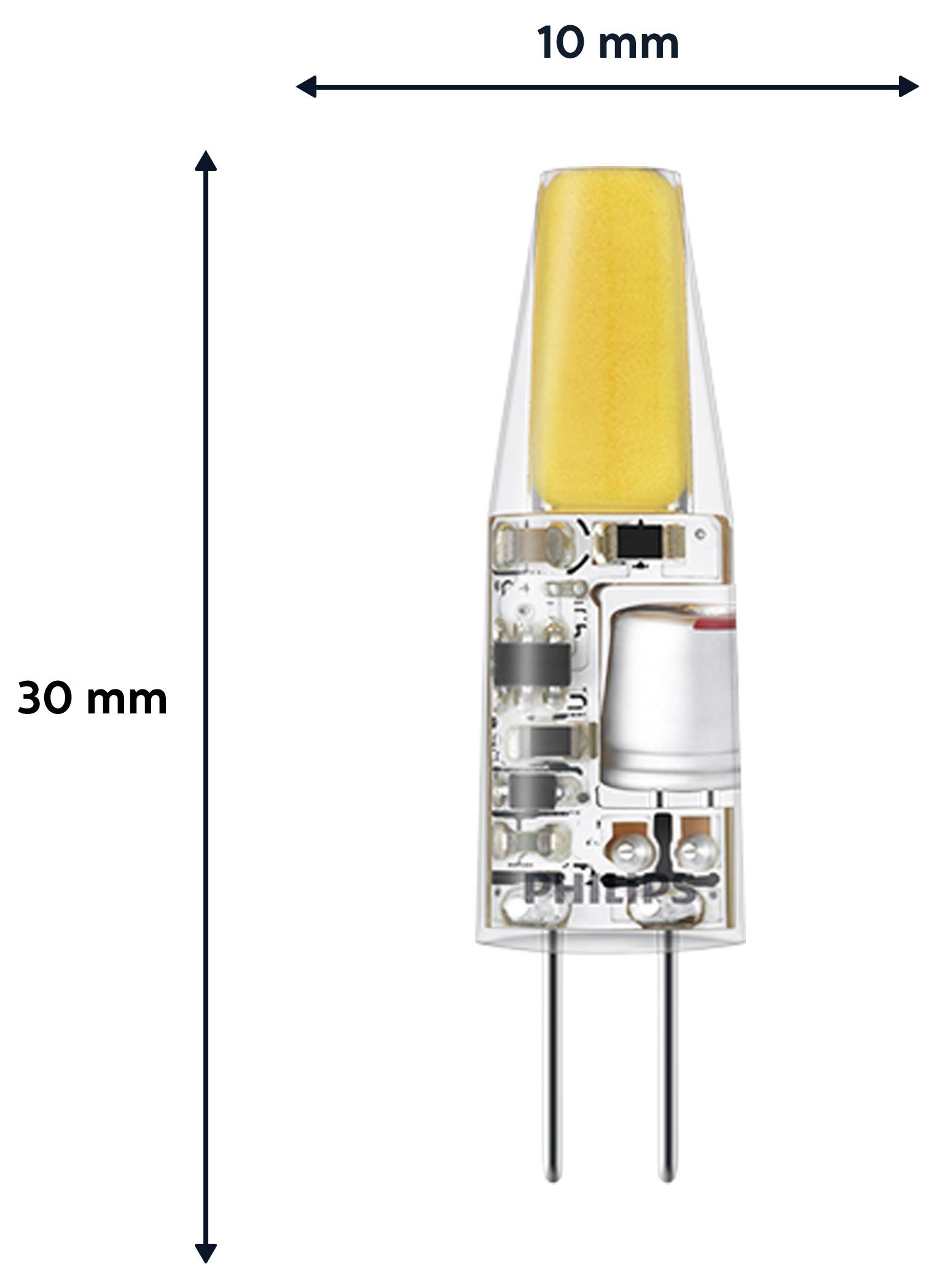 Eine kleine LED-Glühbirne mit transparenter Gehäuse, die die Innenkomponenten freilegt. Die Abmessungen betragen 10 mm in der Breite und 30 mm in der Höhe.