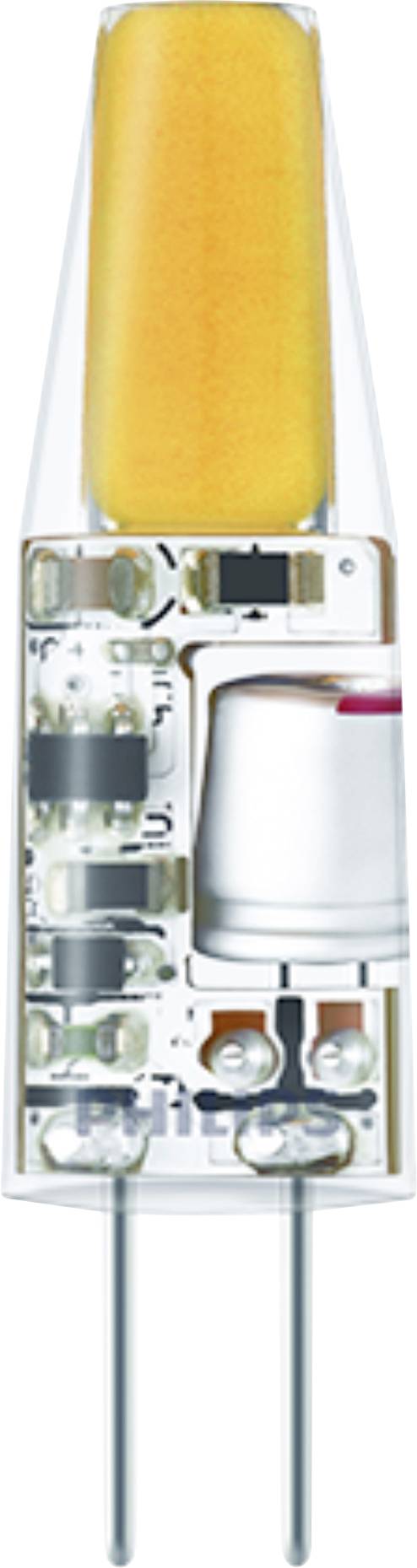 Eine LED-Glühbirne mit einem transluzenten Kapseldesign, bei dem die internen Komponenten sichtbar sind und zwei Metallstifte an der Basis zur Verbindung dienen.