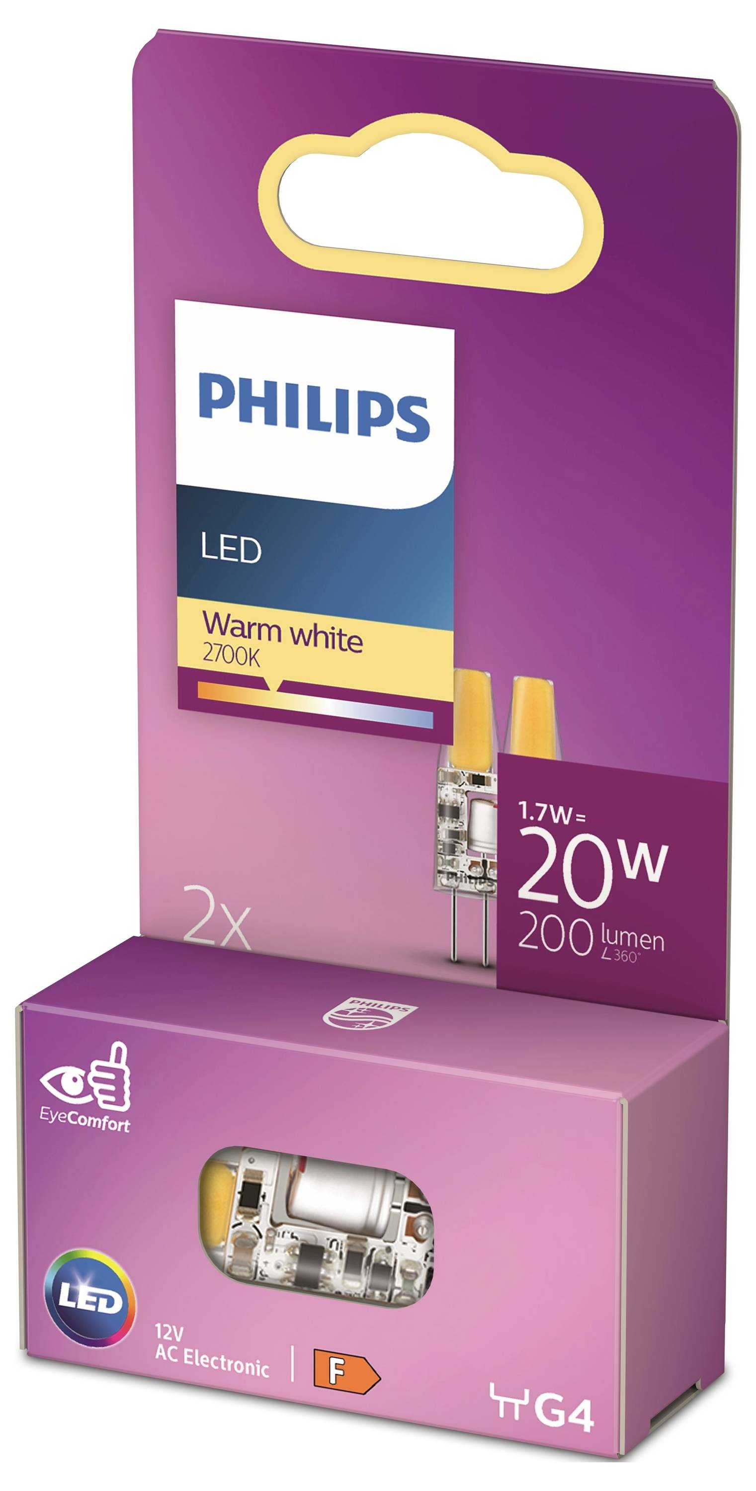 Philips LED-Lampenset mit 2 warmweißen 2700K-Lampen. Energieverbrauch: 1,7W, Lichtausbeute: 200 Lumen. Geeignet für G4-Fassungen.