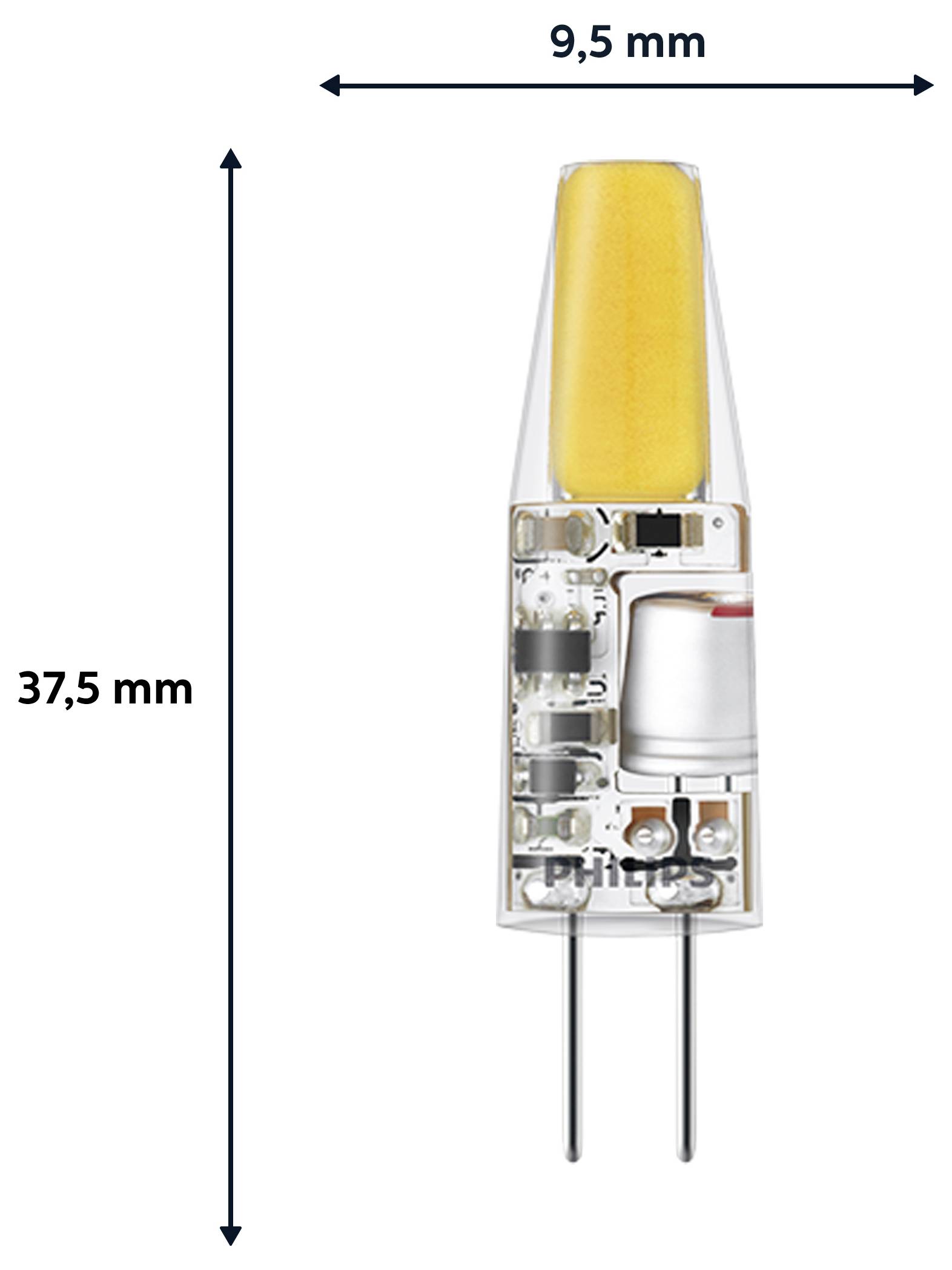 Eine Philips LED-Glühbirne mit einer Höhe von 37,5 mm und einer Breite von 9,5 mm wird gezeigt, die sichtbare interne elektronische Komponenten aufweist.