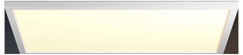 Eine rechteckige LED-Deckenleuchte strahlt ein weiches, gleichmäßiges weißes Licht aus und eignet sich für Innenräume, die eine helle, energieeffiziente Beleuchtung benötigen.