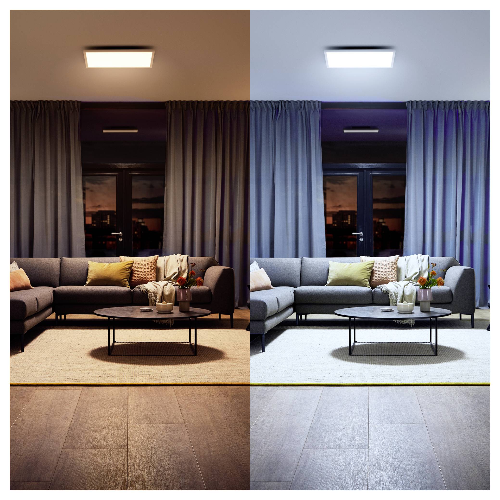 Ein Wohnzimmer wird in zwei Beleuchtungseinstellungen gezeigt. Die linke Seite hat warmes Licht, das eine gemütliche Atmosphäre schafft. Die rechte Seite hat kühles Licht, das einen hellen und klaren Look verleiht.