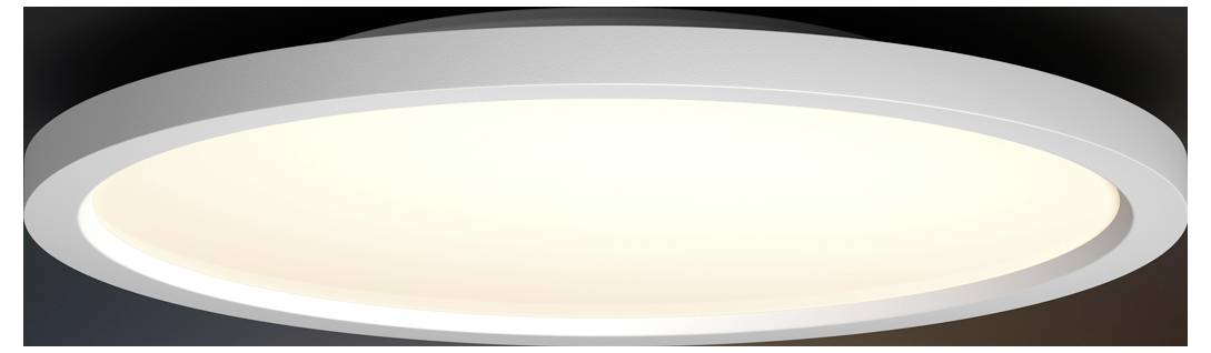 Eine runde, moderne Deckenleuchte, die ein warmes, weiches Licht ausstrahlt, vor einem dunklen Hintergrund.