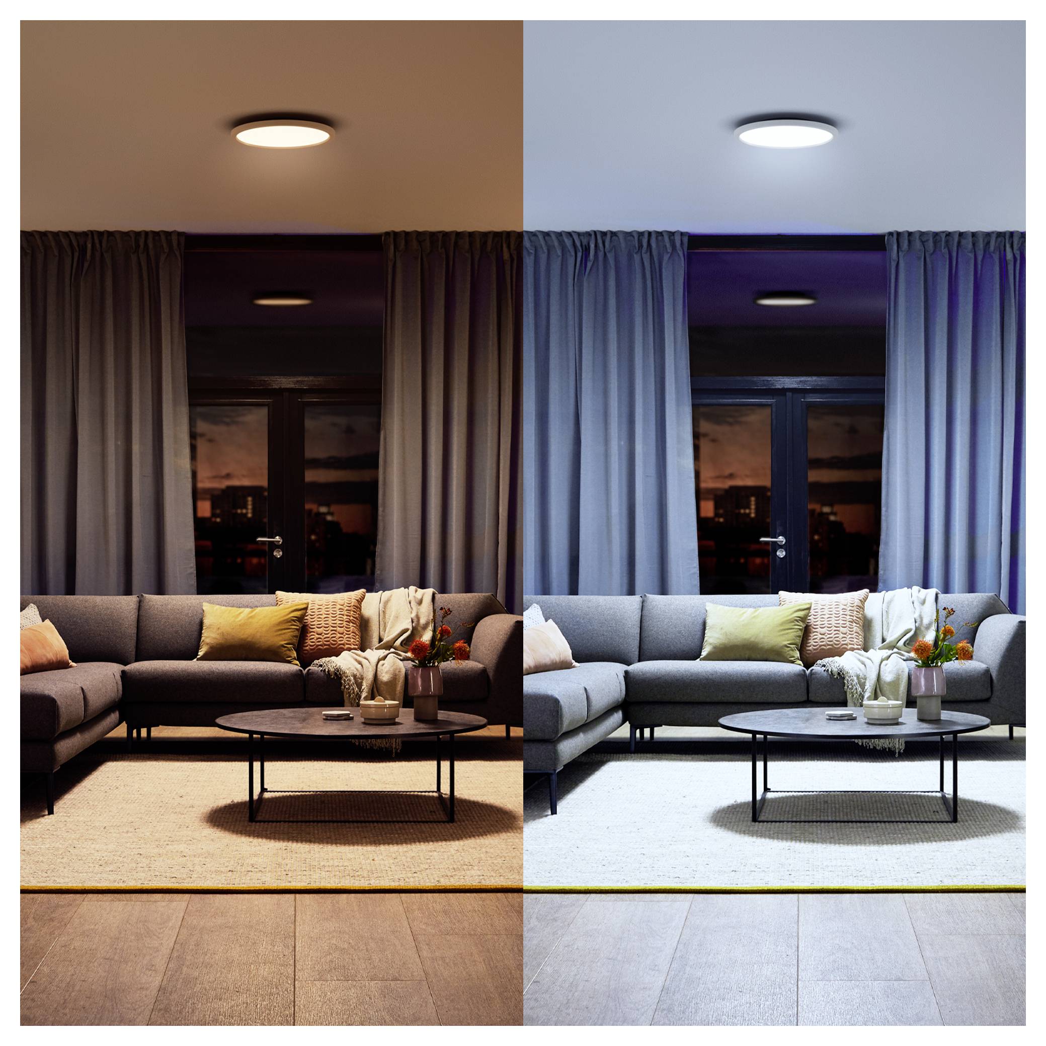 Ein Wohnzimmer-Splitbild, das warmes Licht auf der linken und kühles Licht auf der rechten Seite zeigt. Jede Seite enthält ein Sofa, einen Couchtisch und Dekorationselemente.