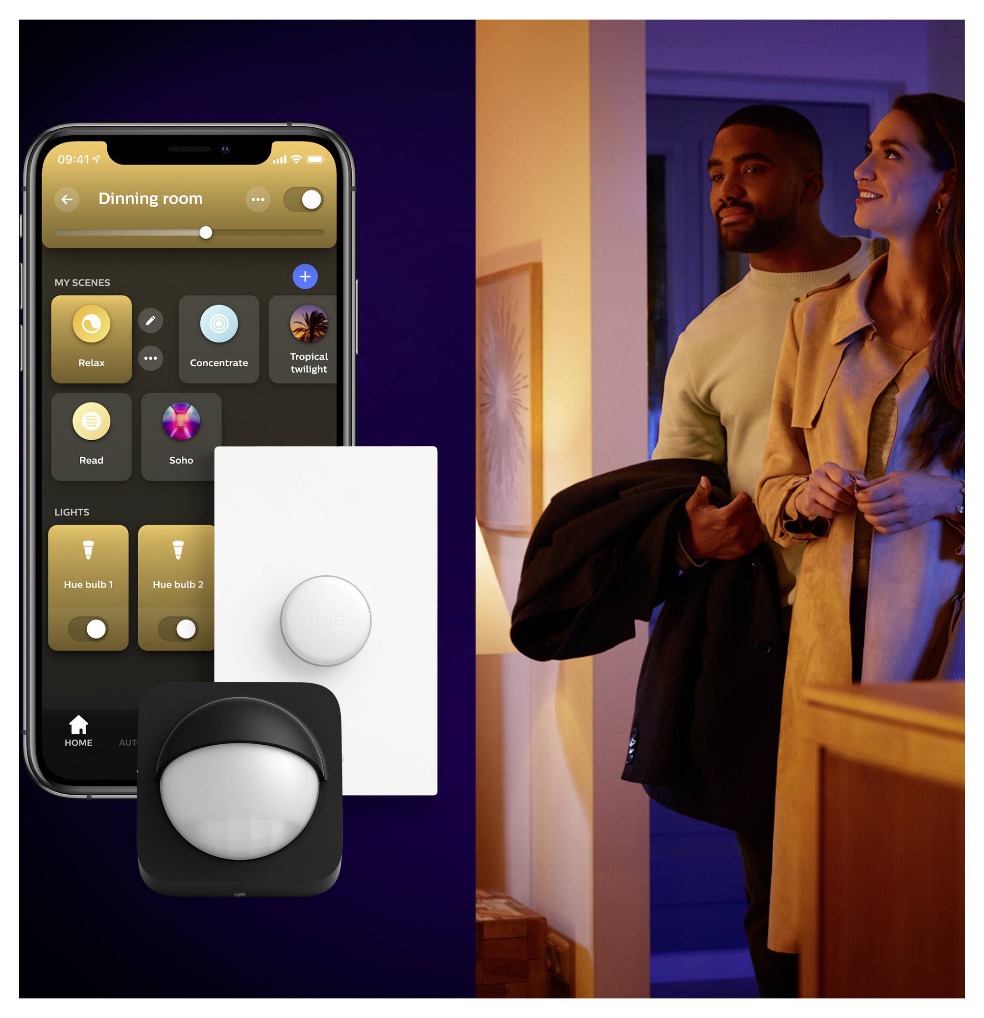 Ein Paar betritt einen warm beleuchteten Raum und bedient dabei eine Smart-Home-Beleuchtungs-App auf einem Smartphone, wobei die Funktionen und Steuerungsmöglichkeiten der Hausautomation präsentiert werden.