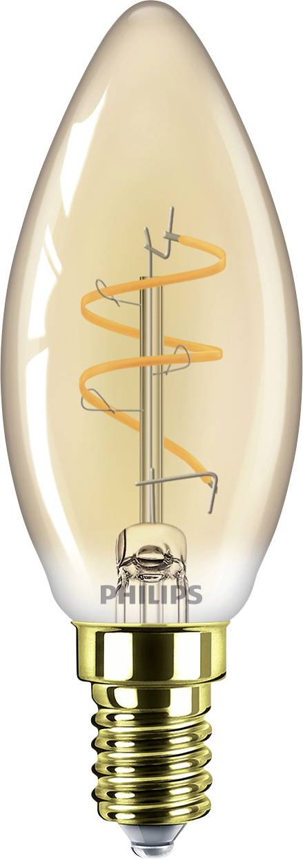 Eine dekorative Glühbirne mit Glühfaden, goldener Basis und spiralförmigem Filament im Inneren, mit dem Etikett 