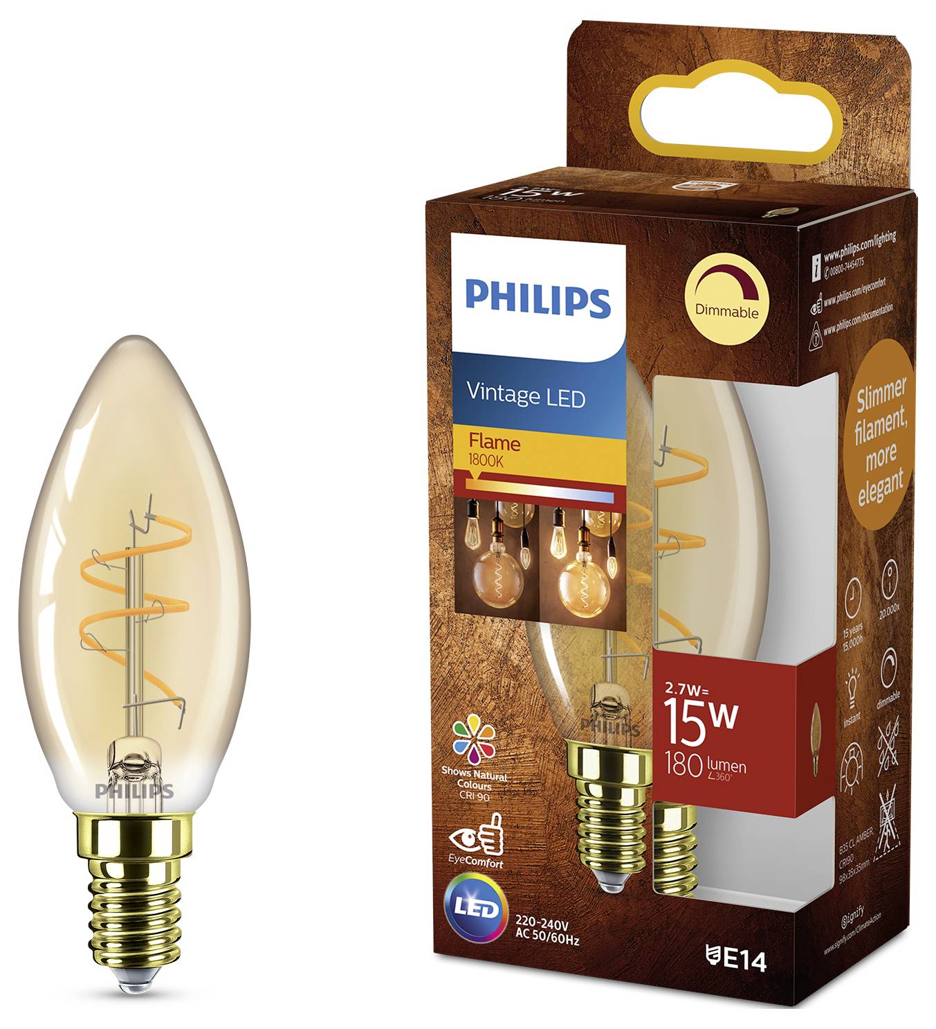 Philips Vintage LED-Lampe mit Dimm-Funktion, 15W, 180 Lumen, E14-Sockel. Verpackung hebt das flammenförmige Design und die Energieeffizienz hervor.