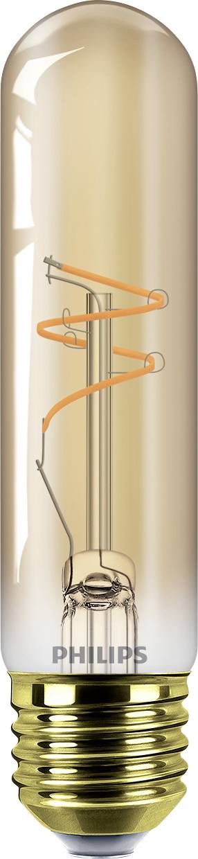 Eine klare zylindrische Glühbirne mit sichtbarem Glühfaden und einer Metallbasis, mit der Aufschrift 