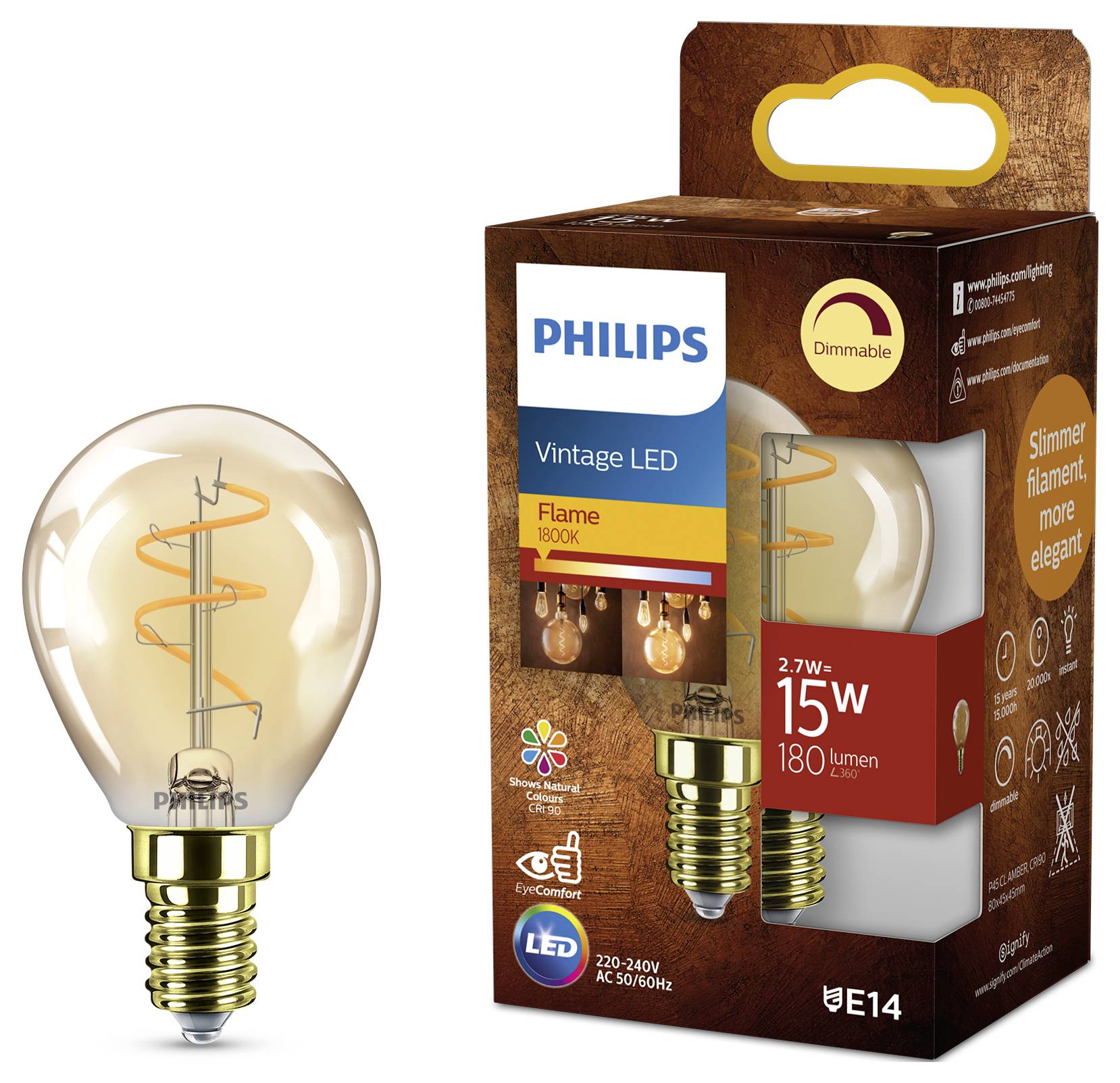 Das Bild zeigt eine Philips Vintage LED-Lampe und ihre Verpackung. Sie hat 2,7W, 180 Lumen, einen E14-Sockel und wird als dimmbar mit einer warmen Flammenoptik vermarktet.