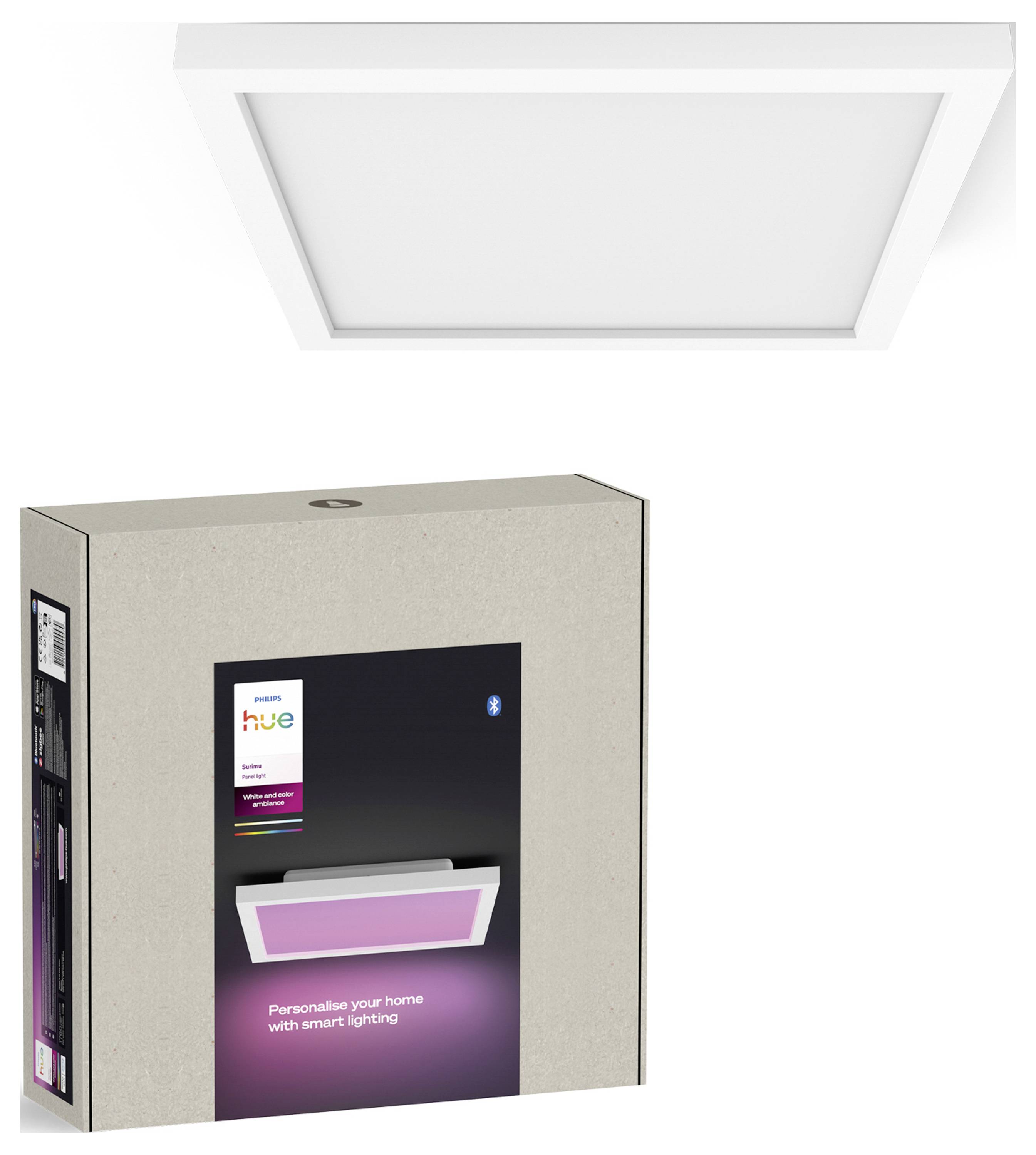 Rechteckige smarte Deckenleuchte mit Verpackungskarton. Verpackung zeigt das 'Philips Hue' Logo und den Text 'Personalisieren Sie Ihr Zuhause mit intelligenter Beleuchtung'.