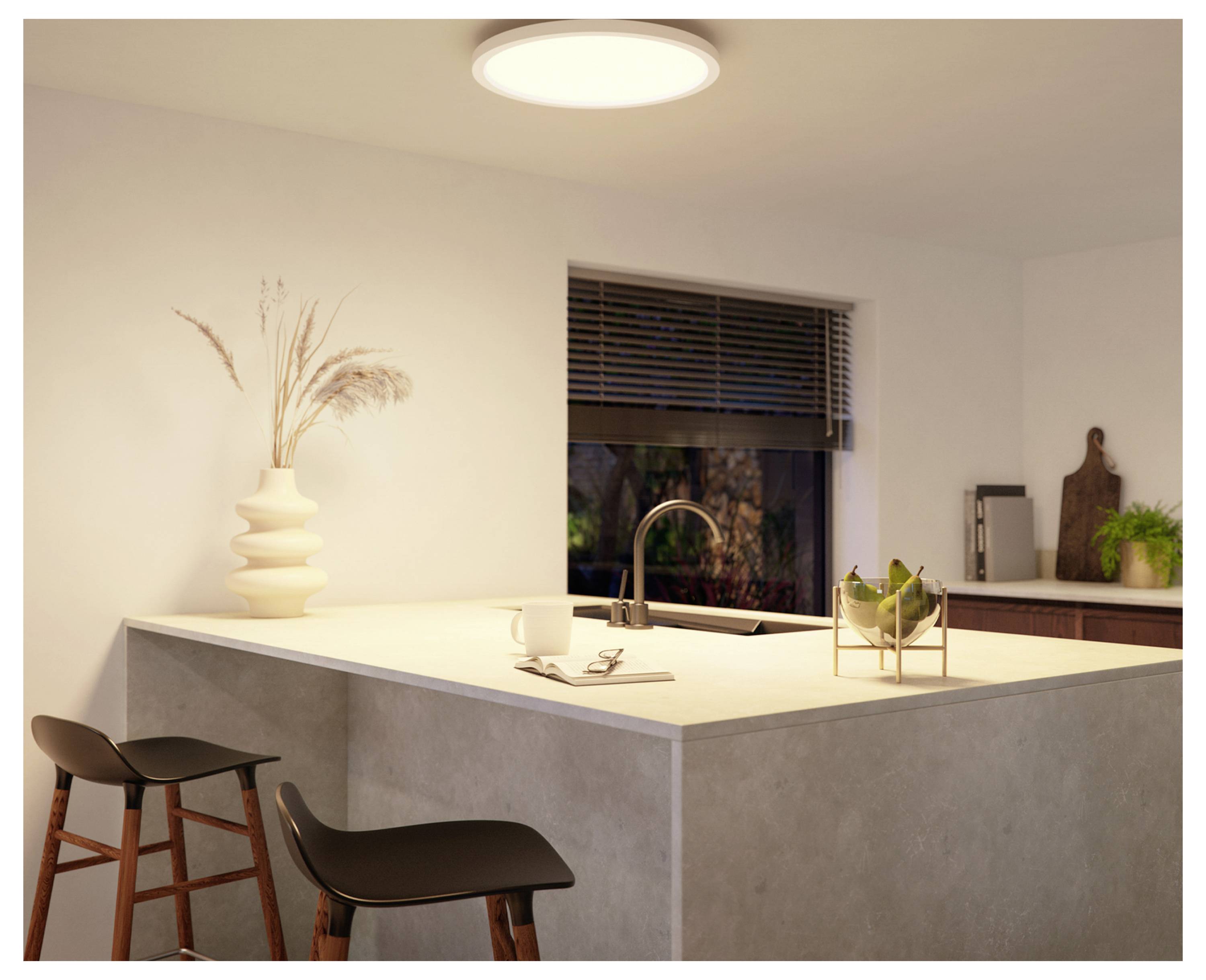 Eine moderne Küche mit einer Eckarbeitsplatte, auf der zwei Barhocker stehen, eine Vase mit getrockneten Pflanzen, ein Wasserhahn und eine Schüssel mit grünen Äpfeln platziert sind.