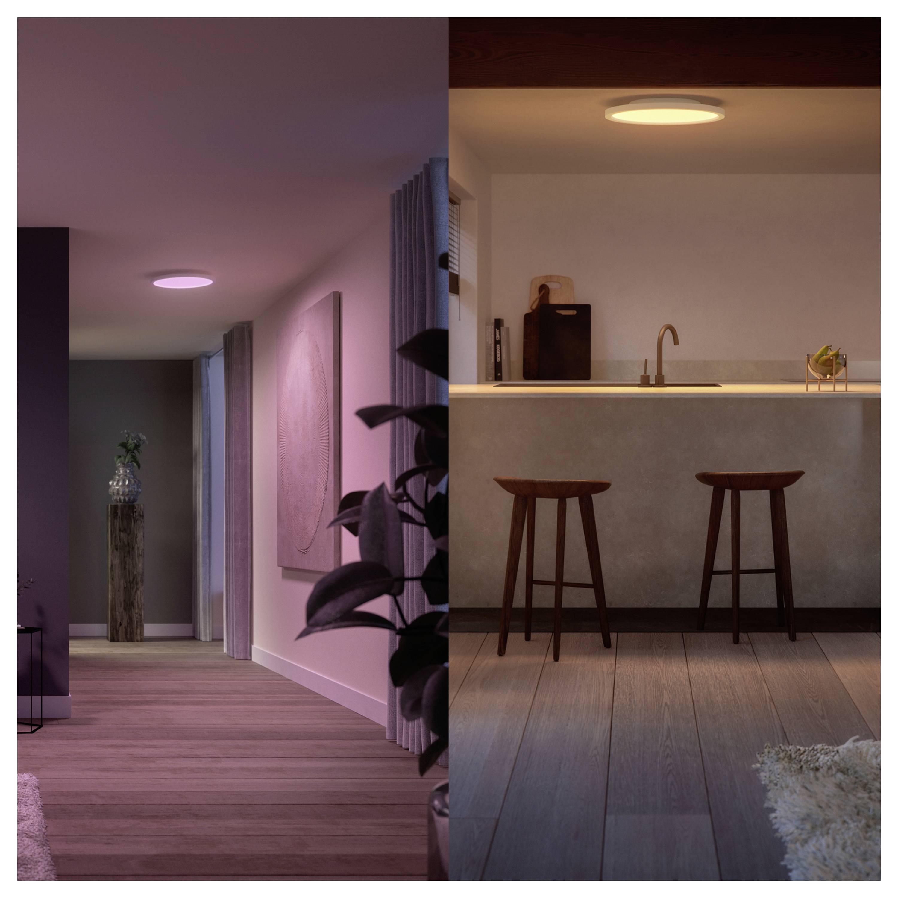 Eine moderne Innenansicht im Splitscreen: links ein Flur mit weichem rosa Licht; rechts eine Küche mit warmem gelbem Licht.