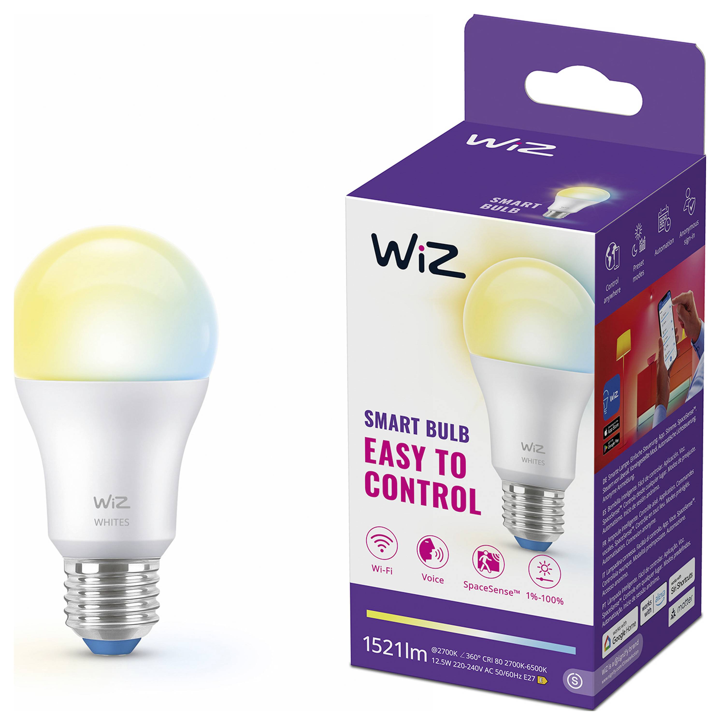 Smart-Glühbirne mit einstellbarer Farbtemperatur neben ihrer Verpackung, beschriftet mit 'WiZ Smart-Glühbirne - Einfach zu Bedienen' mit Icons für WLAN, Sprachsteuerung und Dimmen.