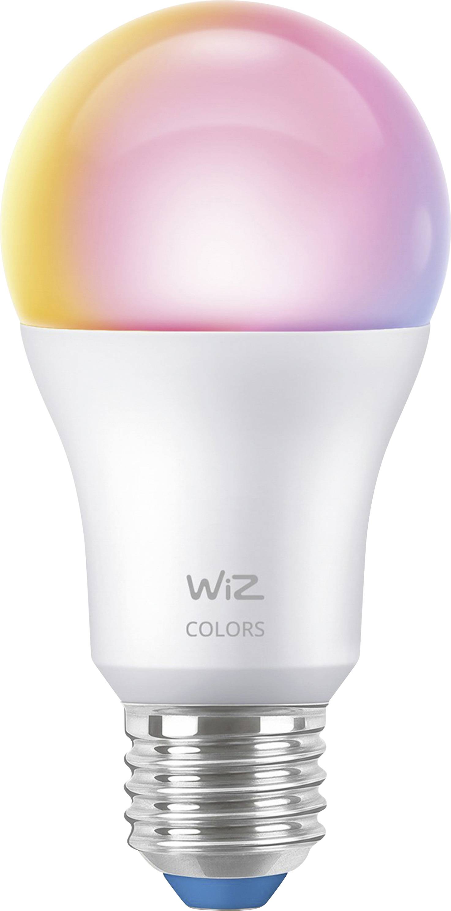 Eine intelligente LED-Glühbirne mit einem Farbverlauf von Orange bis Rosa. Die Glühbirne ist mit der Marke 'WiZ COLORS' versehen.