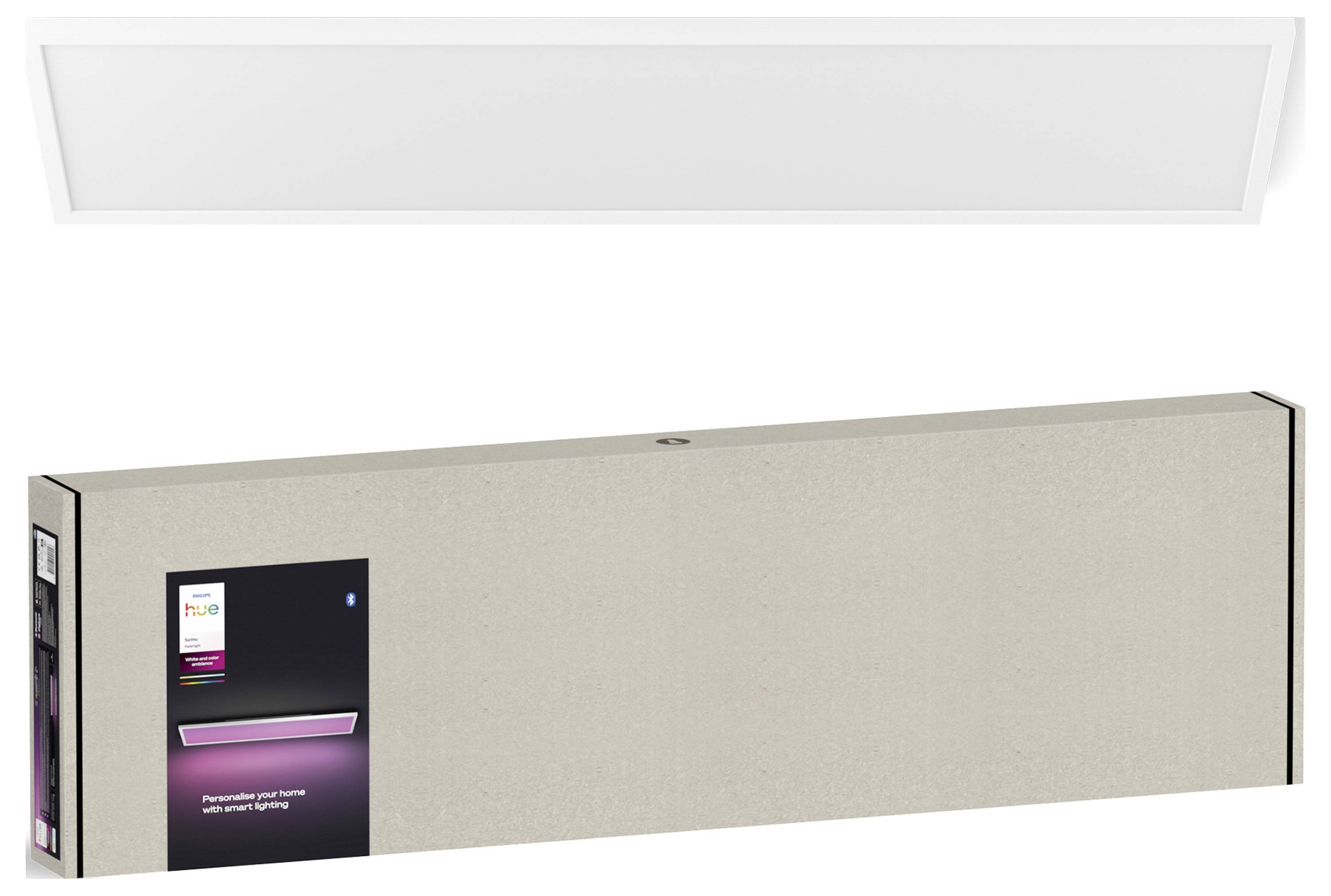 Eine rechteckige weiße Deckenleuchte mit elegantem Design ist über ihrer Verpackungsbox abgebildet, die Branding und Produktinformationen enthält.