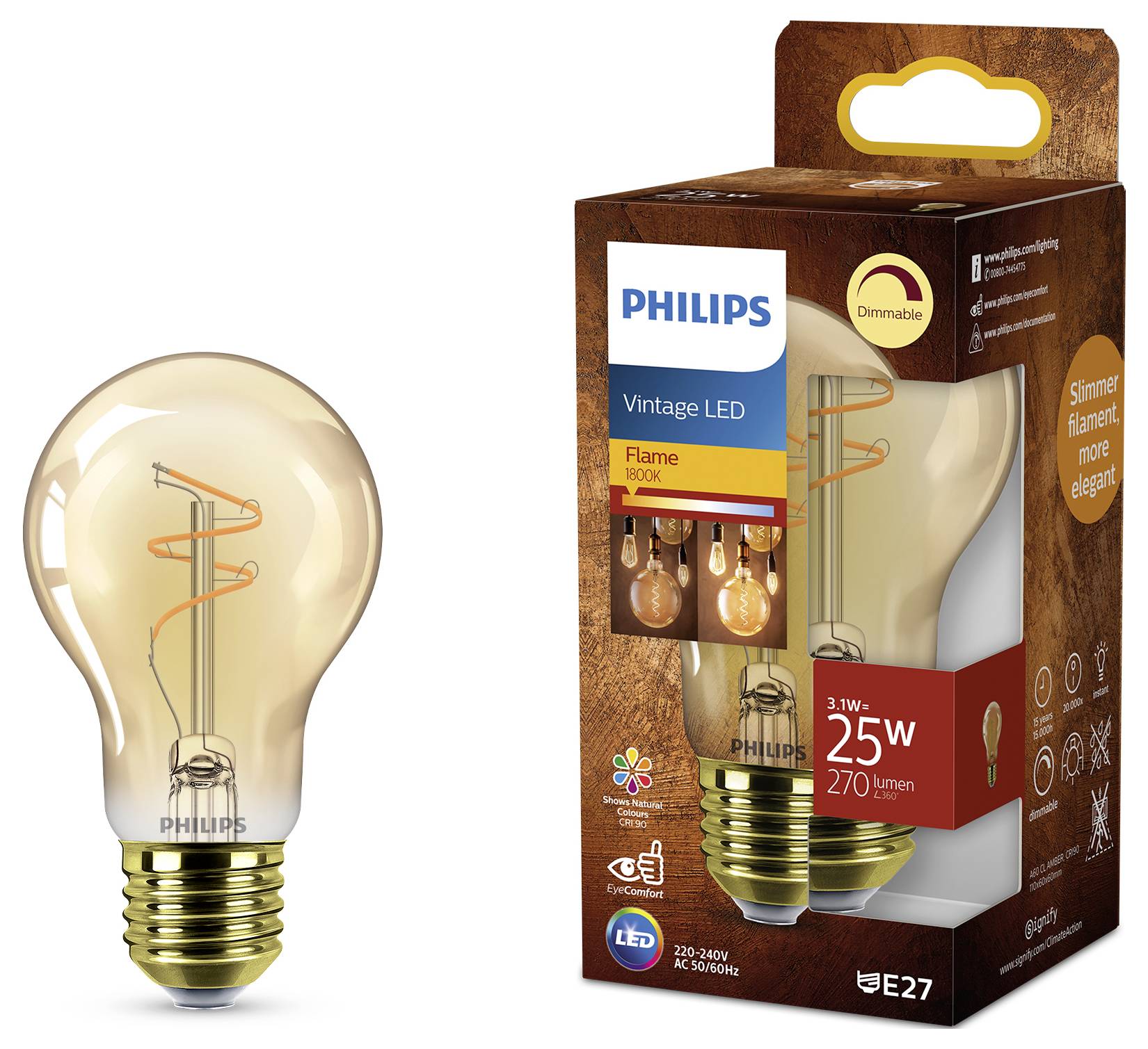 Vintage-Philips LED-Leuchtmittel und Verpackung. Die Lampe emittiert warmes, flammenähnliches Licht; 3W entsprechen 25W Glühbirne und erzeugen 270 Lumen.