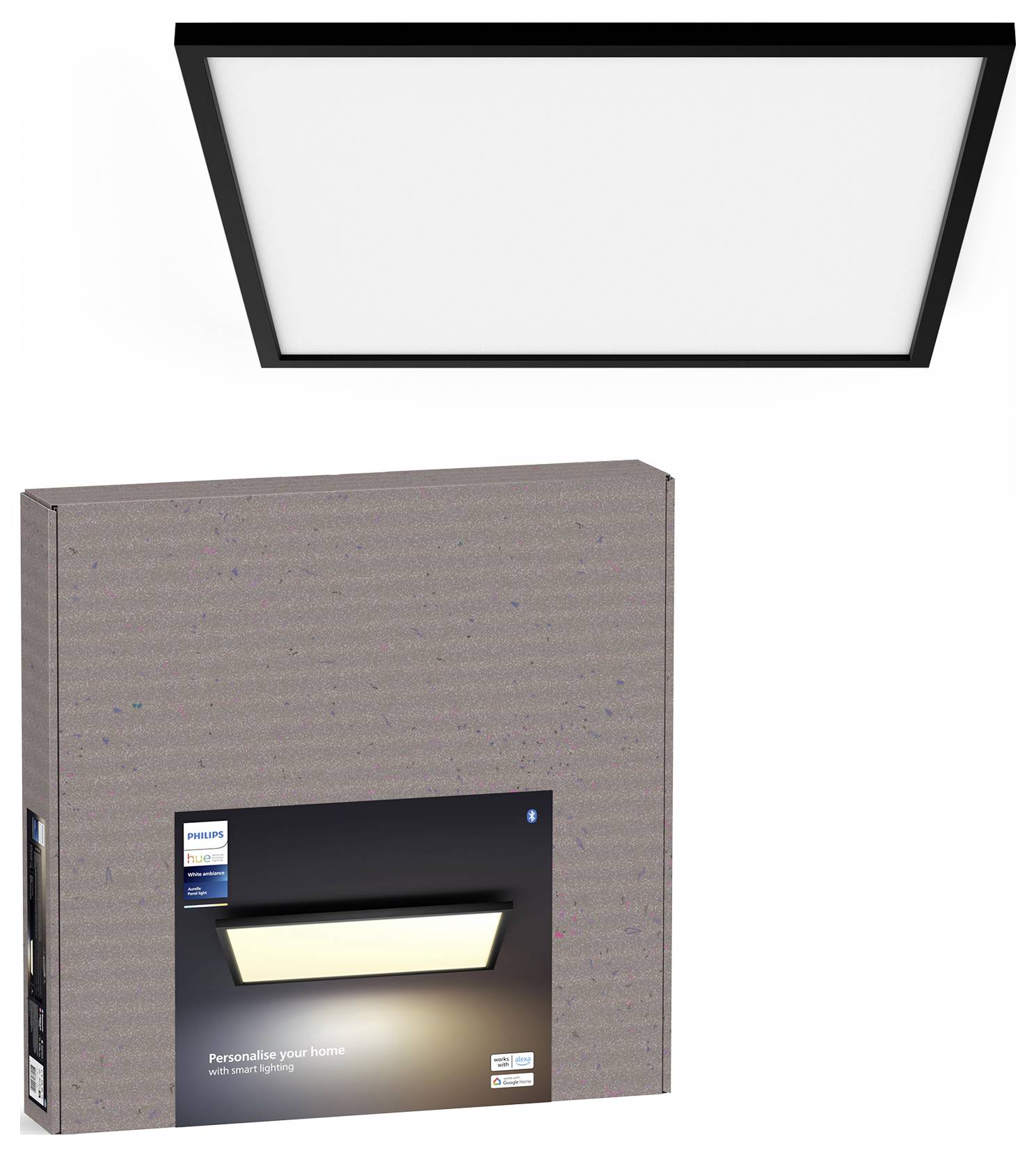 Eine rechteckige LED-Deckenleuchte mit schwarzem Rahmen wird über ihrer Verpackungsbox mit der Aufschrift 