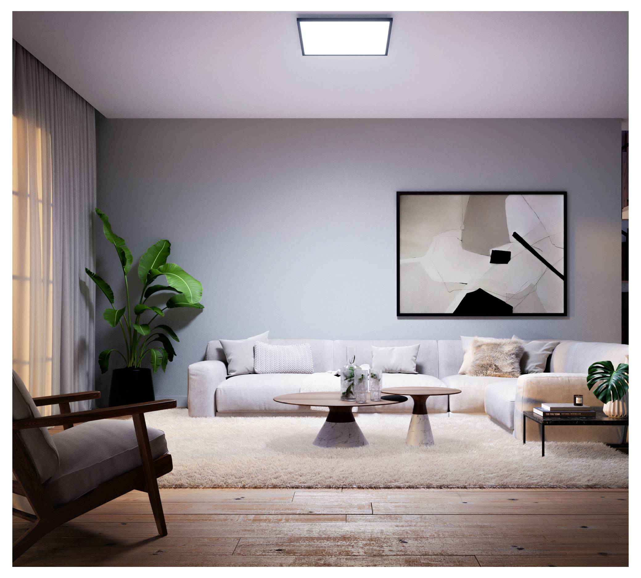 Ein modernes Wohnzimmer mit einem großen beigen Ecksofa, abstrakter Wandkunst, einer Zimmerpflanze und einem Holzcouchtisch auf einem weißen Teppich.