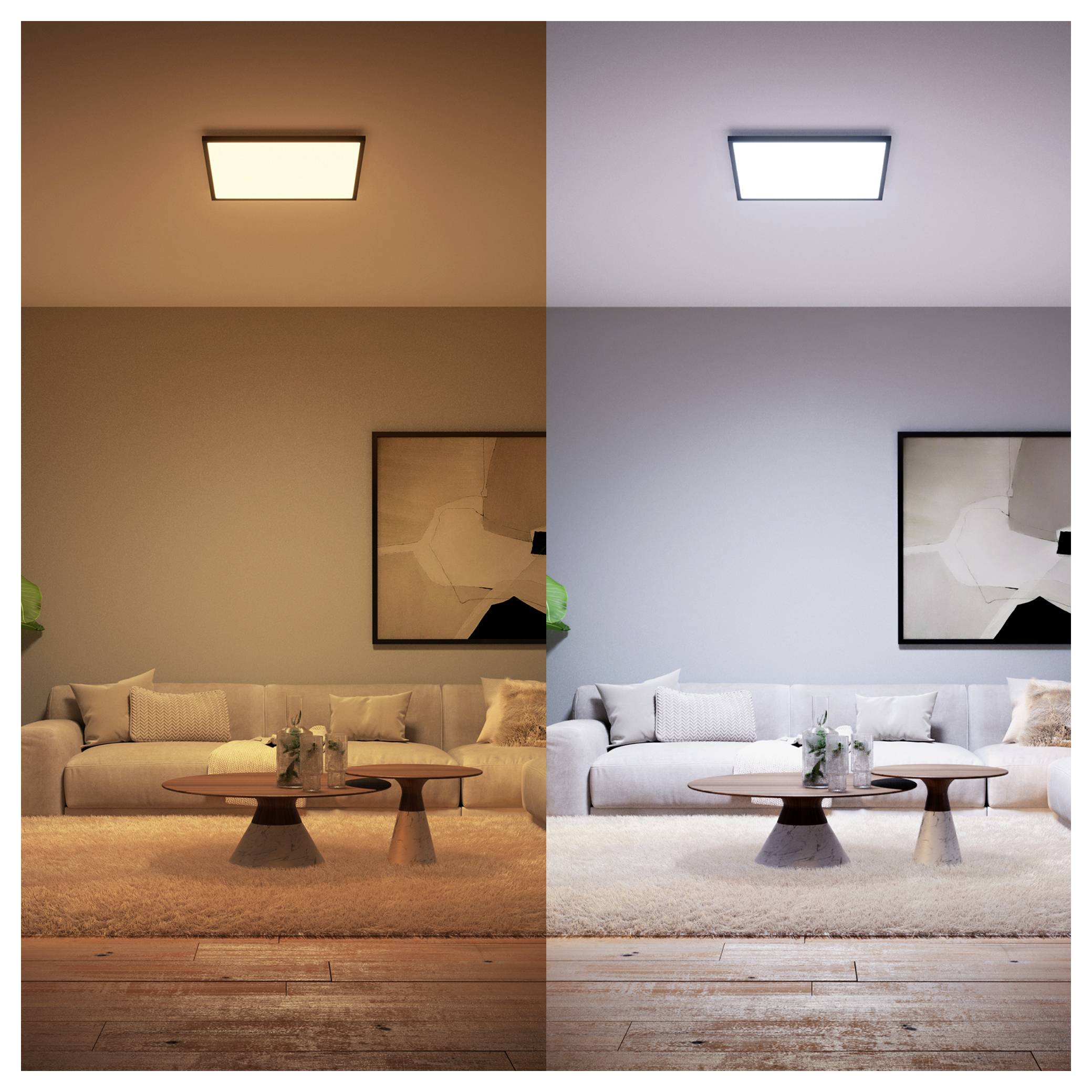 Wohnzimmer mit einem Sofa, Couchtisch und Wandkunst. Die linke Seite hat warmes Licht, die rechte Seite kühles Licht, wodurch ein Kontrast gezeigt wird.