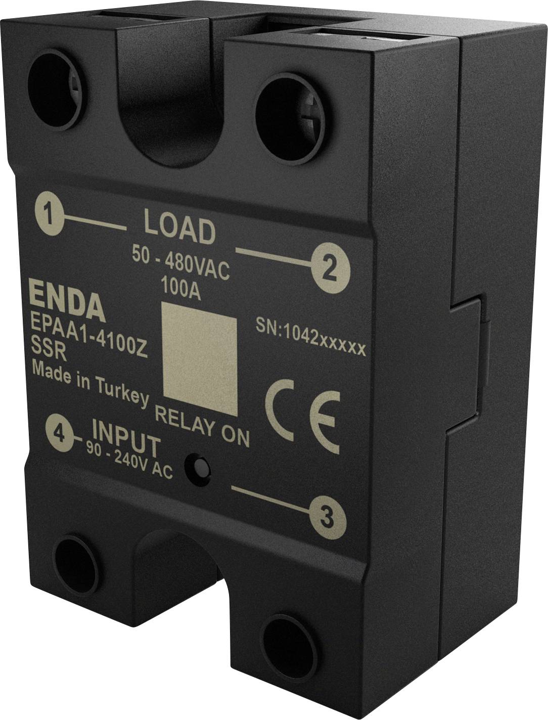 Solid State Relais mit der Bezeichnung 'ENDA EPAA1-4100Z', ausgelegt für 50-480VAC, 100A, Eingänge von 90-240VAC. Schwarzes Gehäuse, hergestellt in der Türkei.