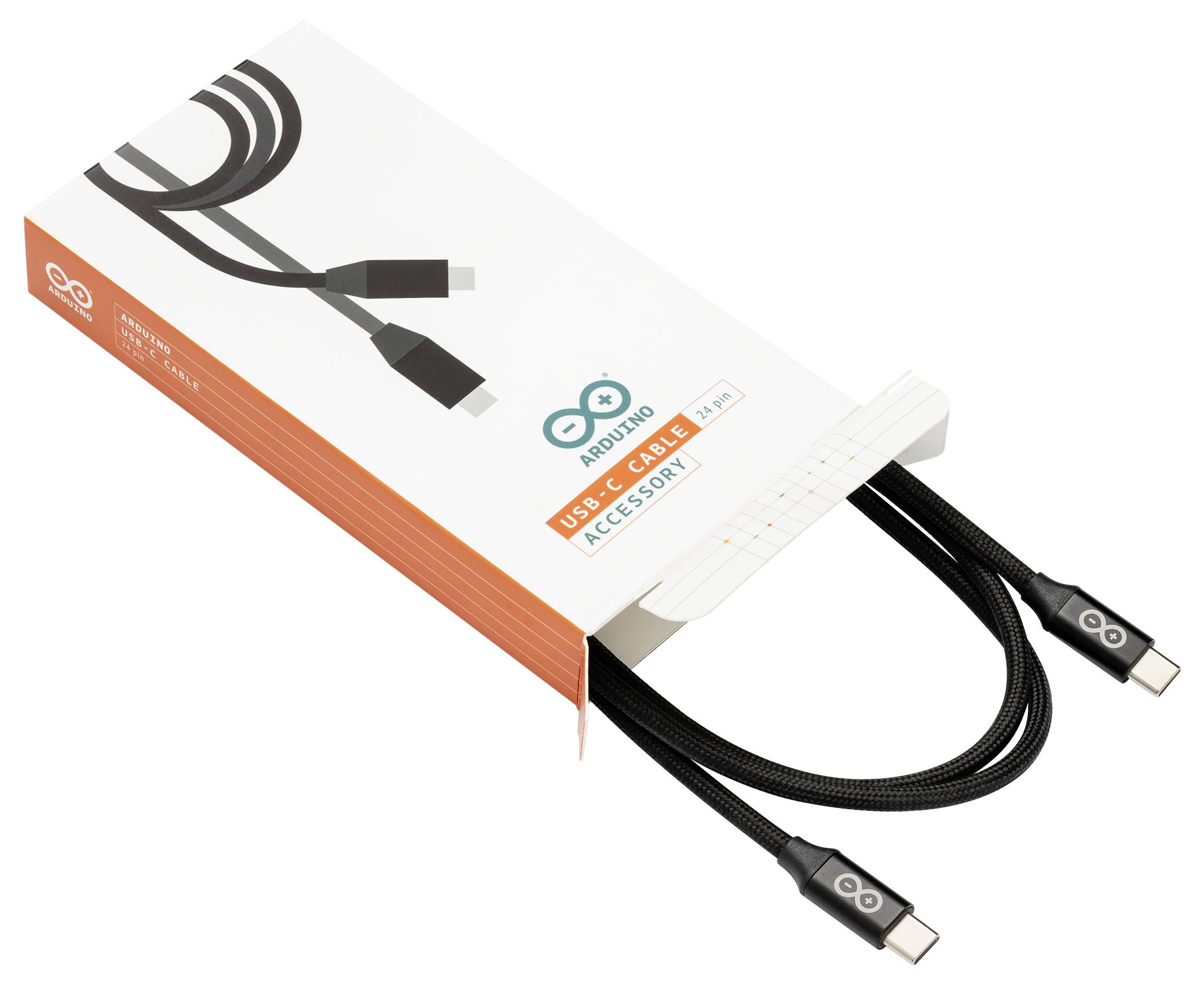 "ARDUINO USB-C KABEL" Box mit einem schwarzen geflochtenen USB-C-Kabel, das herausragt.