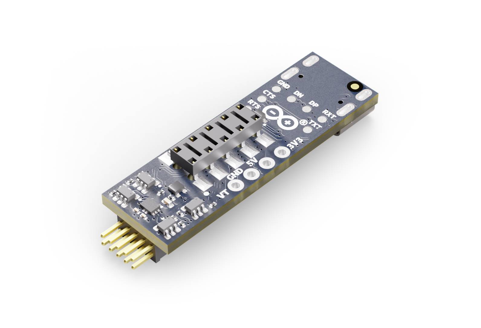 Arduino MKR SD Proto Shield, blaue Leiterplatte mit mehreren Pins und Anschlüssen zur Erweiterung der Arduino-Funktionalität.